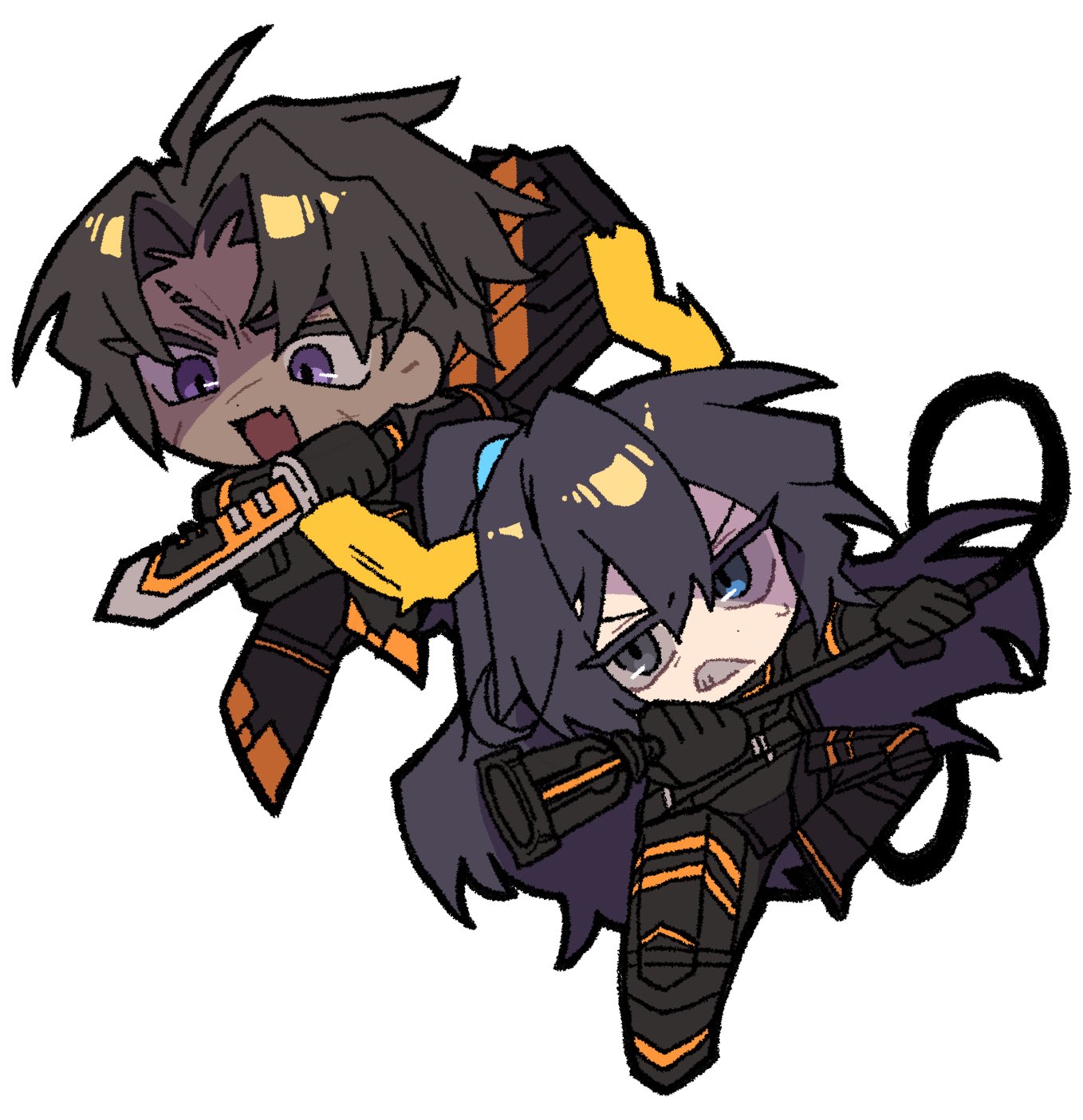 nantekottawo!!, heathcliff (project moon), hong lu (project moon), limbus company, project moon, highres, 2boys, antlers, armor, black armor, black bodysuit, black eyes, black gloves, black hair, blue eyes, bodysuit, brown hair, chibi, combat knife, dark-skinned male, dark skin, full body, gloves, heterochromia, high ponytail, horns, knife, long hair, long sleeves, looking at viewer, male focus, multiple boys, open mouth, ponytail, purple eyes, r corp. (identity) (project moon), rabbit team, reindeer antlers, scar, short hair, simple background, standing, weapon, white background
