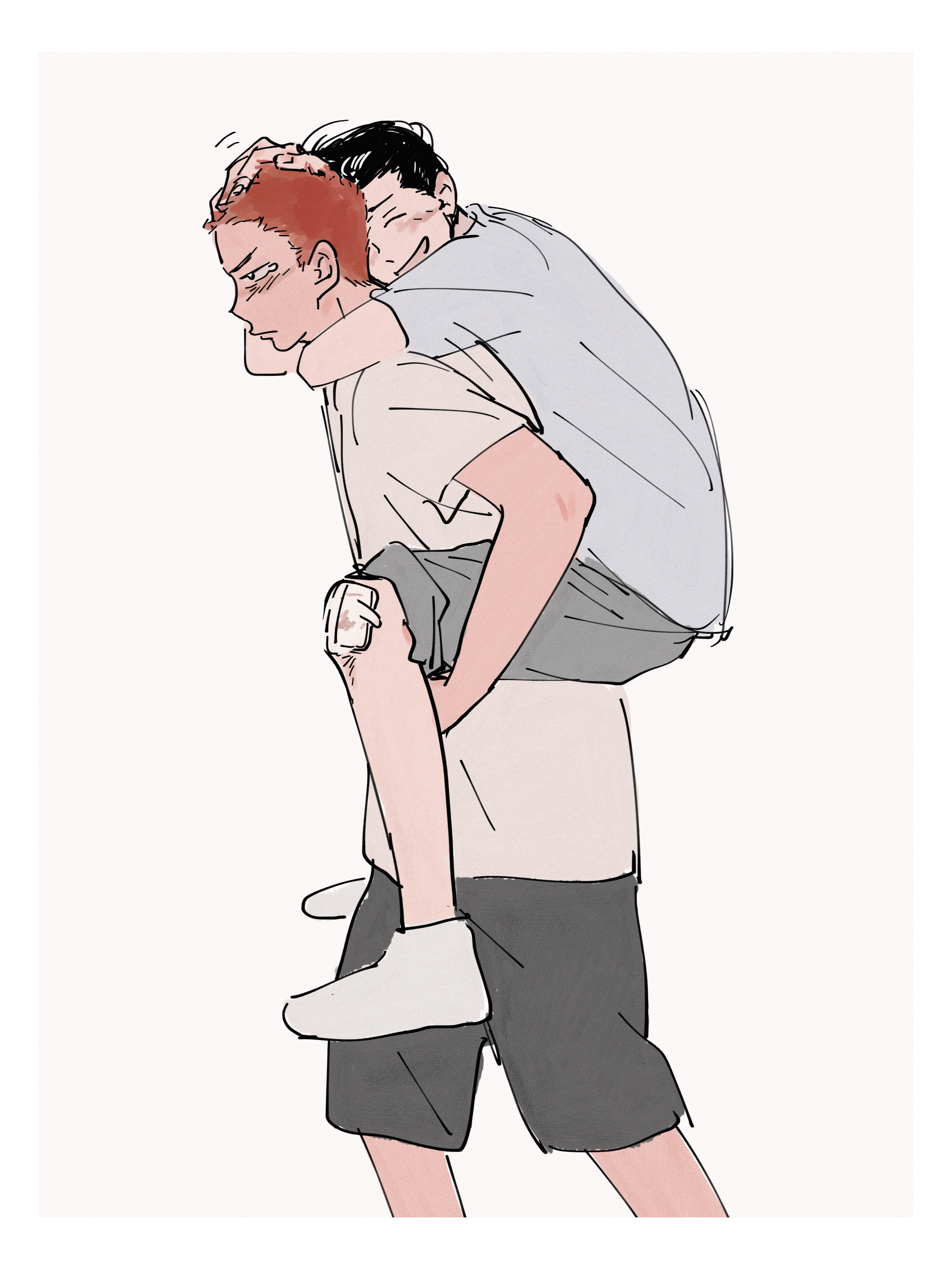simi, mito youhei, sakuragi hanamichi, slam dunk (series), absurdres, highres, 2boys, black hair, blush, implied yaoi, male focus, multiple boys, open mouth, red hair, shirt, shorts, smile, socks, tears, walking, white background, white shirt, white socks