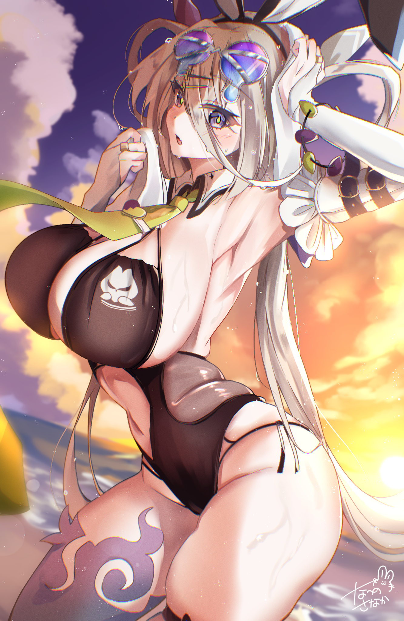 7290snk, huyan zhuo (fate), huyan zhuo (swimsuit berserker) (fate), fate/grand order, fate (series), highres, 1girl, bare shoulders, black one-piece swimsuit, blush, breasts, cleavage, eyewear on head, grey hair, hair rings, highleg, highleg one-piece swimsuit, large breasts, long hair, looking at viewer, navel, one-piece swimsuit, open mouth, plunging neckline, purple eyes, solo, sunglasses, swimsuit