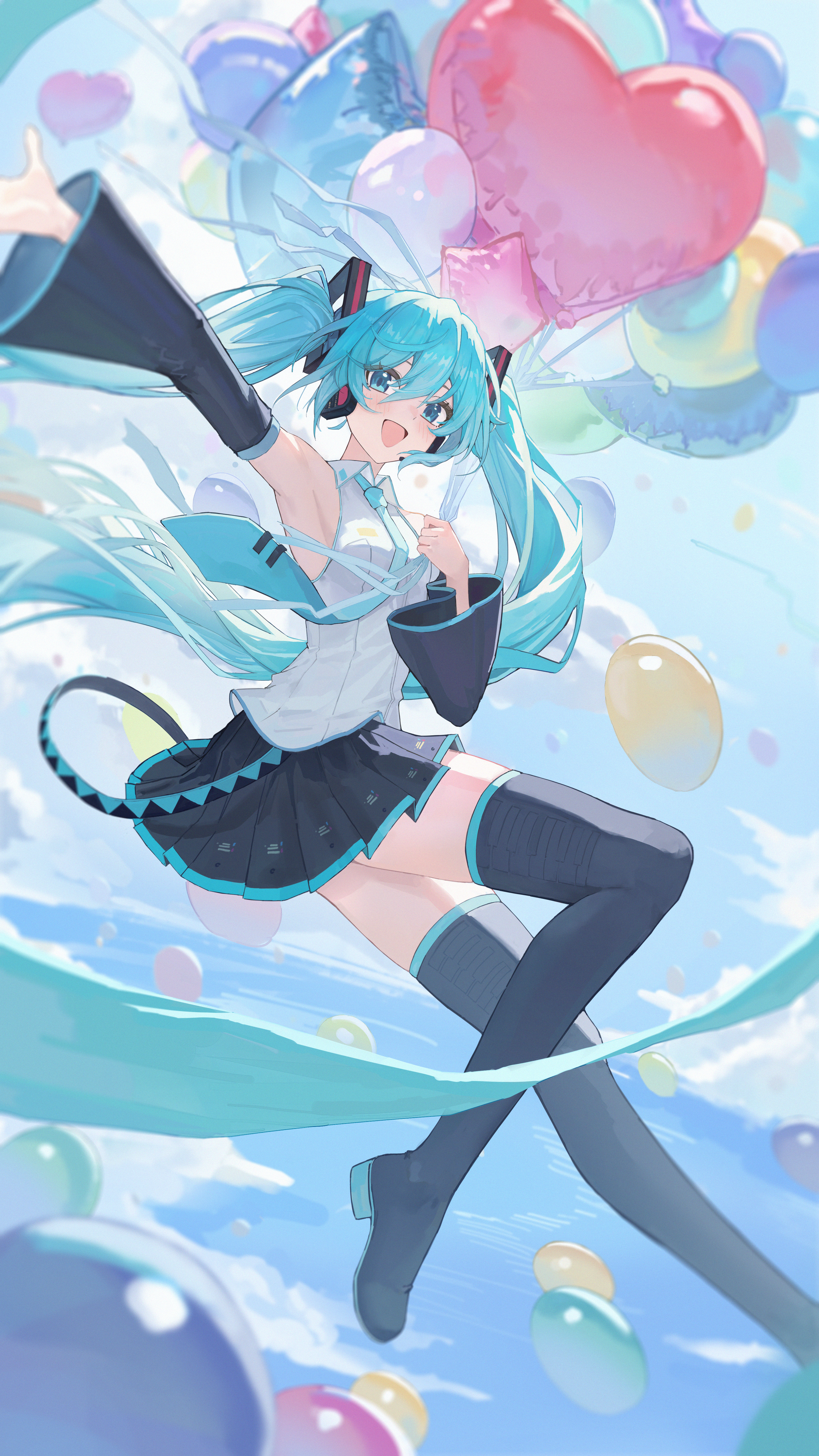 hatsune miku, vocaloid, absurdres, chinese commentary, commentary request, highres, 1girl, :d, absurdly long hair, aqua eyes, aqua hair, aqua necktie, armpit focus, armpits, balloon, bare shoulders, black skirt, black sleeves, black thighhighs, blue eyes, blue hair, blue necktie, blue sky, boots, cloud, collared shirt, day, detached sleeves, floating hair, hair between eyes, hair ornament, headphones, headset, heart balloon, holding, holding balloon, lansemiao, long hair, long sleeves, looking at viewer, miniskirt, necktie, open mouth, outdoors, outstretched arm, pleated skirt, presenting armpit, shirt, skirt, sky, sleeveless, sleeveless shirt, smile, solo, star balloon, thigh boots, thighhighs, twintails, very long hair, white shirt, zettai ryouiki