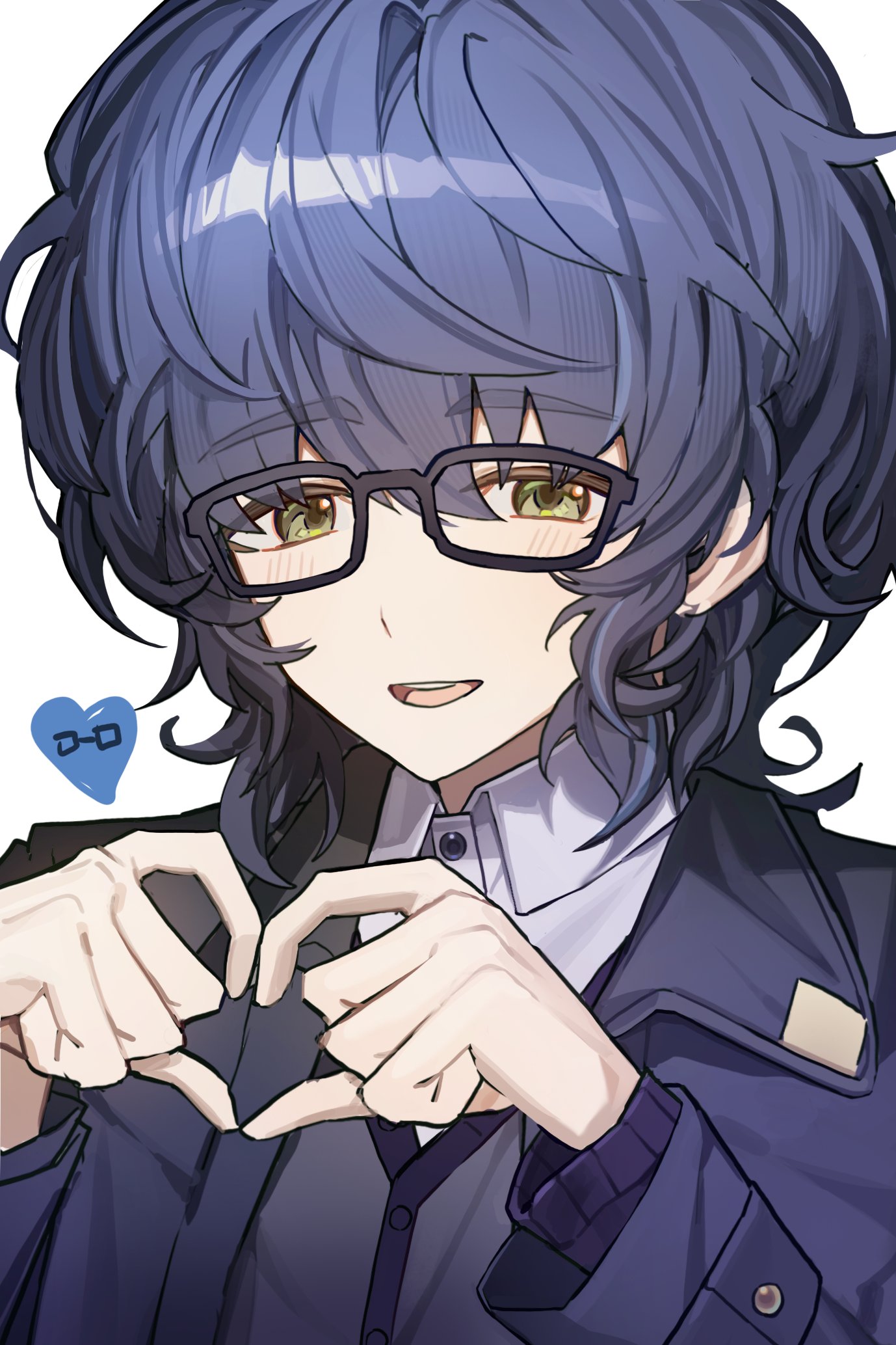 aoba tsumugi, ensemble stars!, highres, 1boy, 2×4 2in4, black jacket, blue hair, four-finger heart hands, glasses, green eyes, grey sweater vest, hair between eyes, heart, heart hands, jacket, long sleeves, looking at viewer, male focus, medium hair, open clothes, open jacket, open mouth, portrait, simple background, smile, solo, sweater vest, teeth, upper teeth only, white background