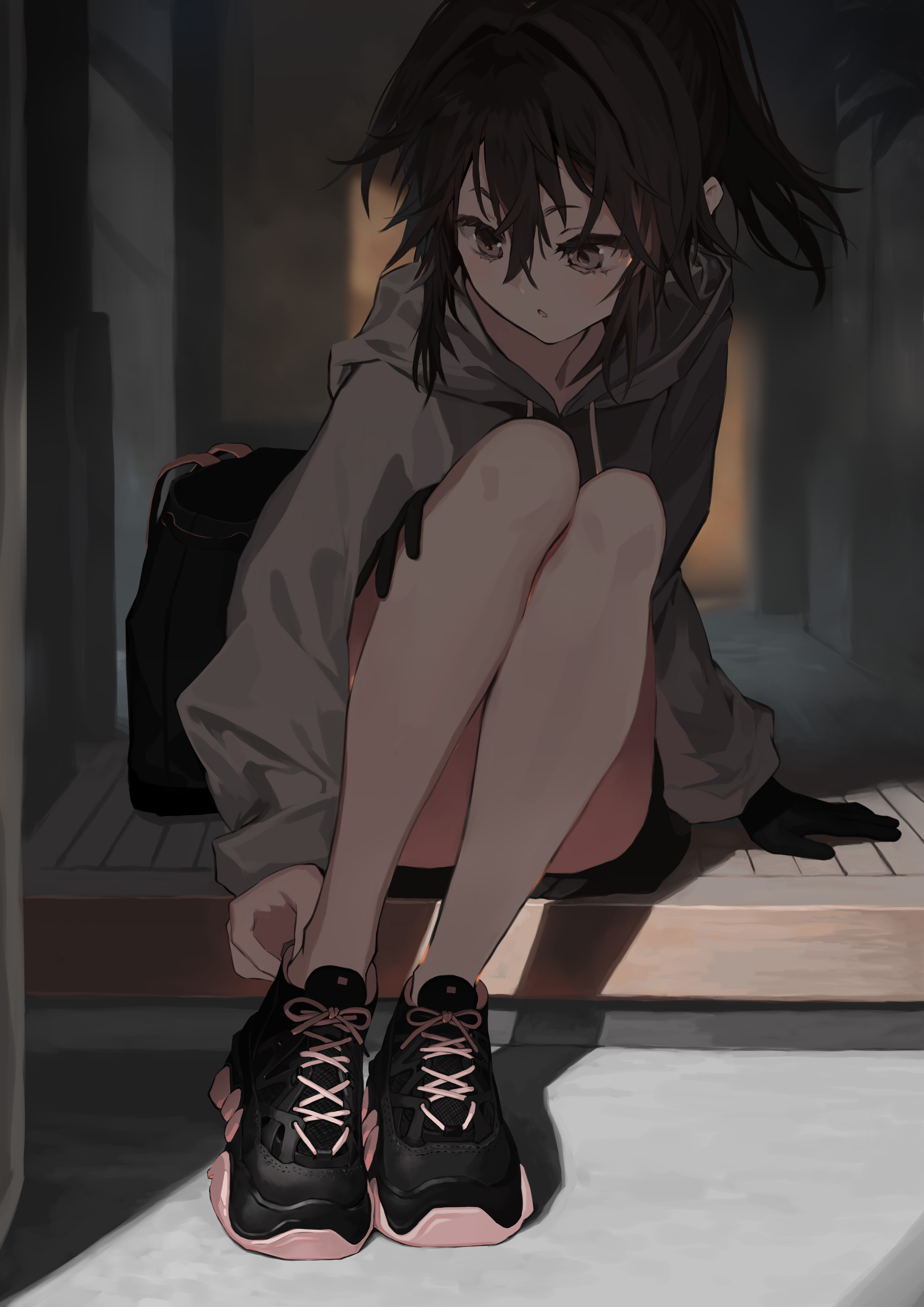 bob (biyonbiyon), original, absurdres, highres, 1girl, backpack, bag, bare legs, black bag, black gloves, black hair, brown eyes, gloves, grey eyes, grey hoodie, hair between eyes, hood, hood down, hoodie, long sleeves, shoes, single glove, sitting, skirt, sneakers, solo