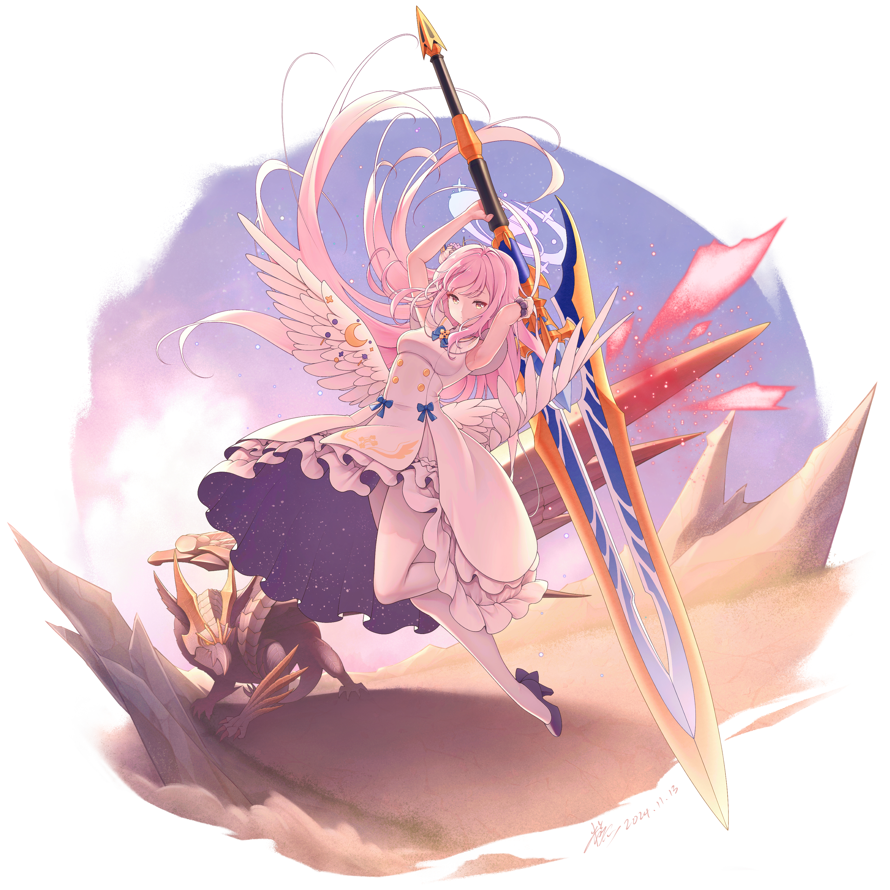 xgao, mika (blue archive), blue archive, monster hunter (series), absurdres, highres, 1girl, 1other, angel wings, armpits, arms up, blue bow, bow, breasts, buttons, capelet, double-breasted, dress, feathered wings, frilled dress, frills, hair bun, halo, high heels, holding, holding polearm, holding weapon, huge weapon, long hair, low wings, medium breasts, monster, pink hair, pink halo, polearm, pumps, single hair bun, single side bun, sleeveless, sleeveless dress, sword, underbust, very long hair, weapon, white capelet, white overskirt, white wings, wings