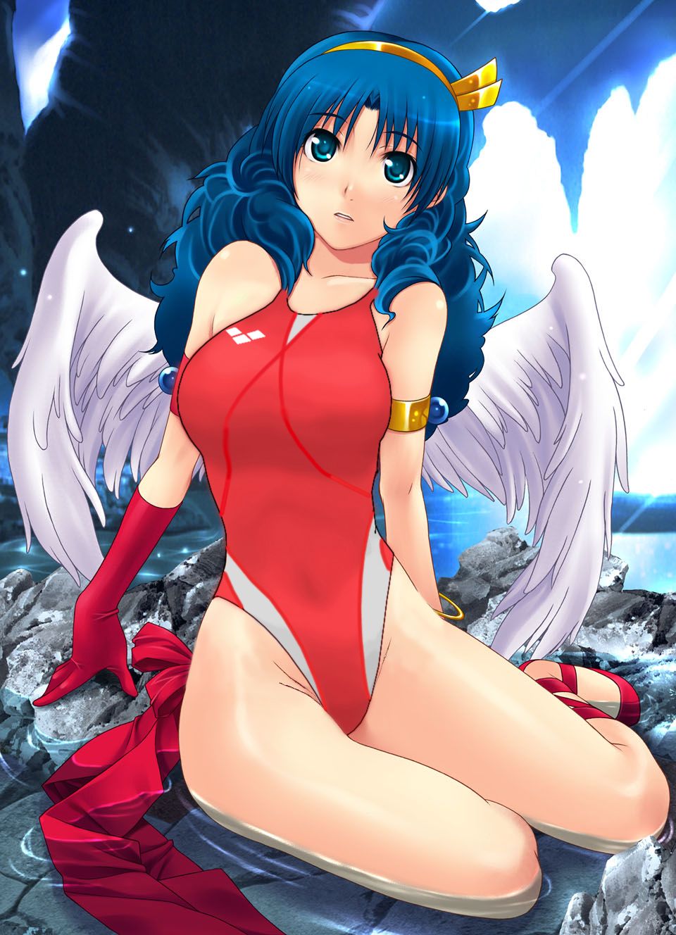 princess athena, athena (series), snk, the king of fighters, highres, 1girl, angel, angel wings, blue eyes, blue hair, blush, breasts, elbow gloves, female focus, gloves, hairband, large breasts, long hair, one-piece swimsuit, ribbon, sitting, solo, swimsuit, water, wings