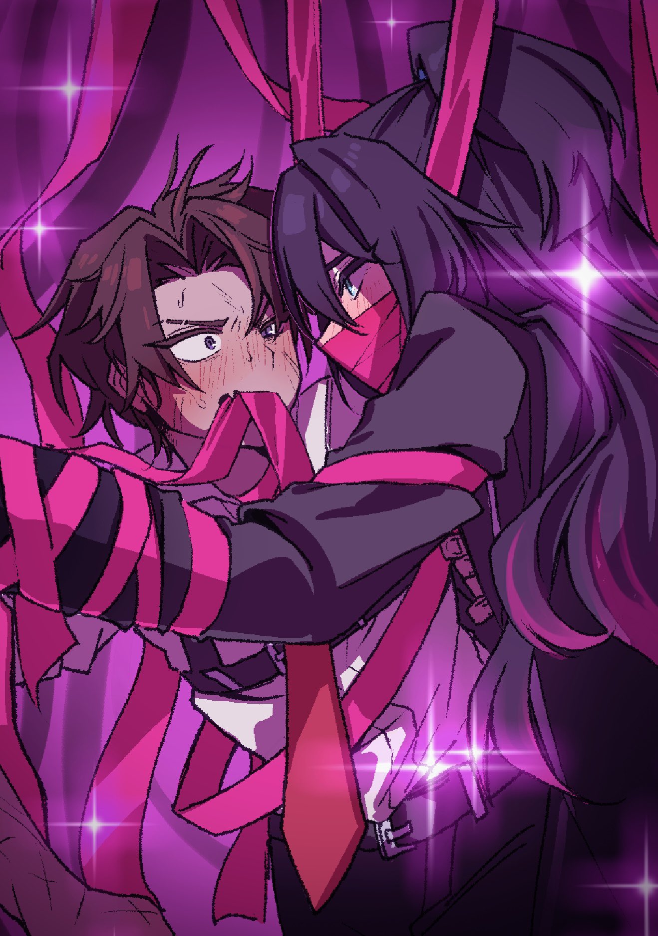 nantekottawo!!, heathcliff (project moon), hong lu (project moon), limbus company, project moon, highres, 2boys, black coat, black hair, blue eyes, blush, bound, brown hair, cloth gag, coat, collared shirt, dark-skinned male, dark skin, e.g.o (project moon), fang, gag, gagged, high ponytail, improvised gag, long hair, long sleeves, looking at another, male focus, multiple boys, necktie, pink ribbon, ponytail, purple background, purple eyes, red necktie, ribbon, roseate desire (e.g.o), scar, shirt, short hair, simple background, skin fang, tied up (nonsexual), upper body, white shirt, yaoi