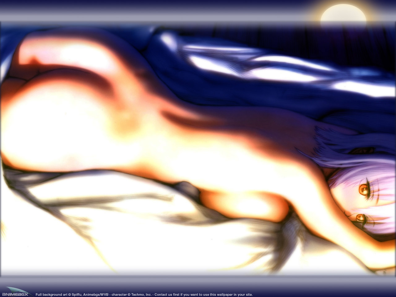 artist request, 1girl, ass, bed, blush, breast press, breasts, female focus, lying, nude, on stomach, short hair, solo, white hair, yellow eyes