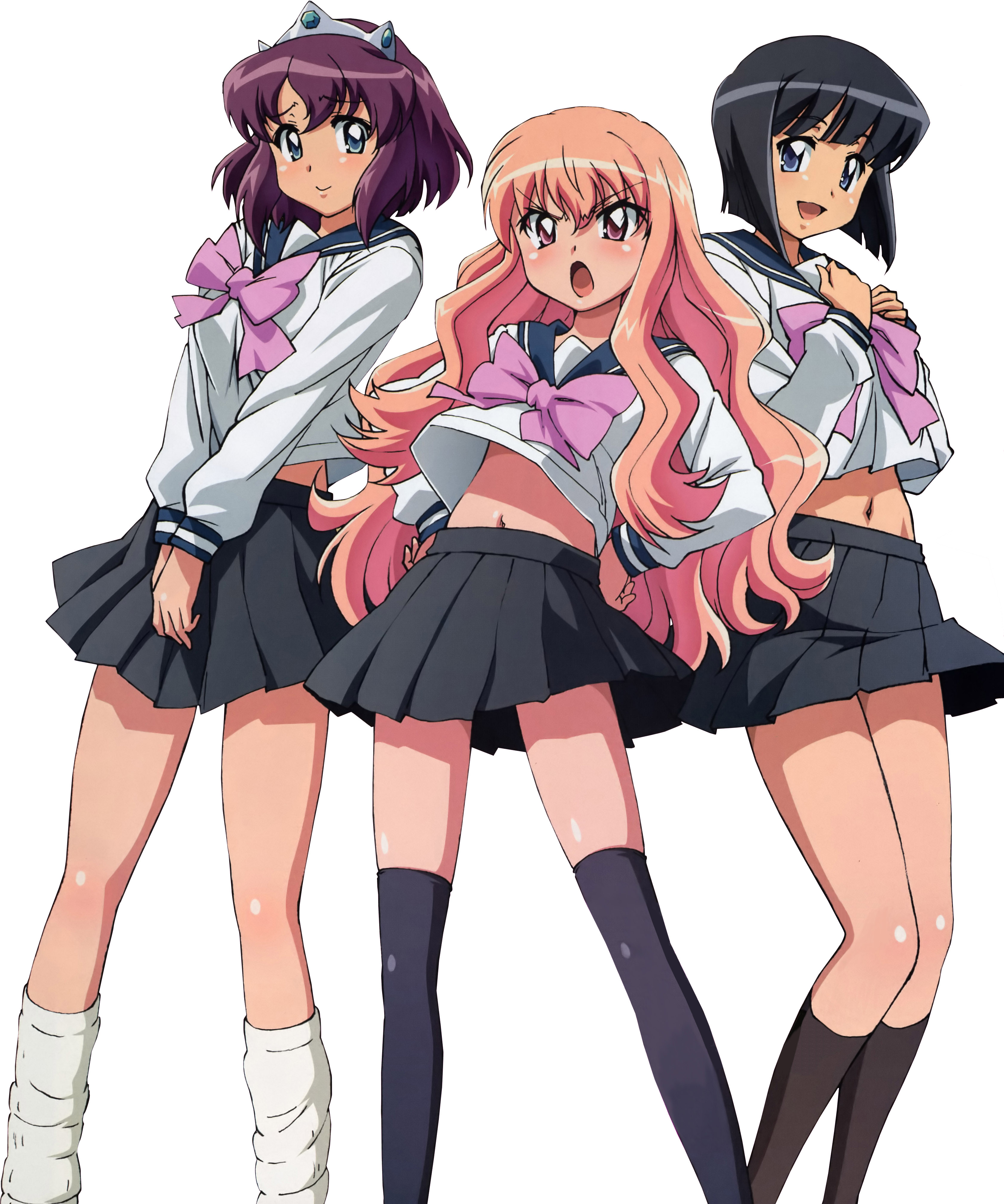 henrietta de tristain, louise francoise le blanc de la valliere, siesta (zero no tsukaima), zero no tsukaima, absurdres, artist request, highres, 00s, blush, long hair, midriff, school uniform, serafuku, short hair, skirt, thighhighs