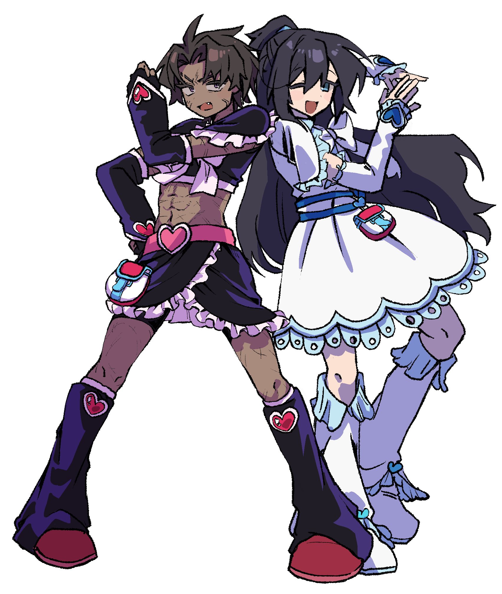 nantekottawo!!, heathcliff (project moon), hong lu (project moon), limbus company, project moon, highres, 2boys, :d, alternate costume, black arm warmers, black hair, black leg warmers, black skirt, blue eyes, bridal gauntlets, brown hair, crop top, crossdressing, crossdressing (mtf), dark-skinned male, dark skin, dress, fang, full body, high ponytail, leg warmers, long hair, long sleeves, looking at viewer, male focus, multiple boys, muscular, muscular male, one eye closed, open mouth, ponytail, purple eyes, red shoes, scar, shoes, short hair, simple background, skirt, smile, standing, white background, white bridal gauntlets, white dress, white shoes