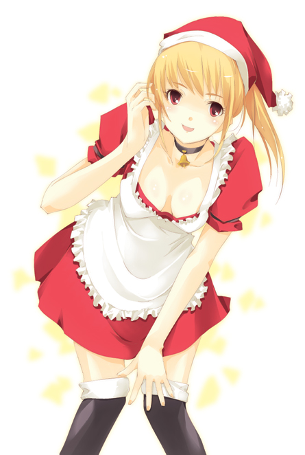 dasoku sentarou, original, 1girl, adjusting hair, apron, bell, blonde hair, blush, breasts, choker, christmas, female focus, hat, kneehighs, leaning forward, long hair, red eyes, santa hat, skirt, smile, socks, solo, thighhighs