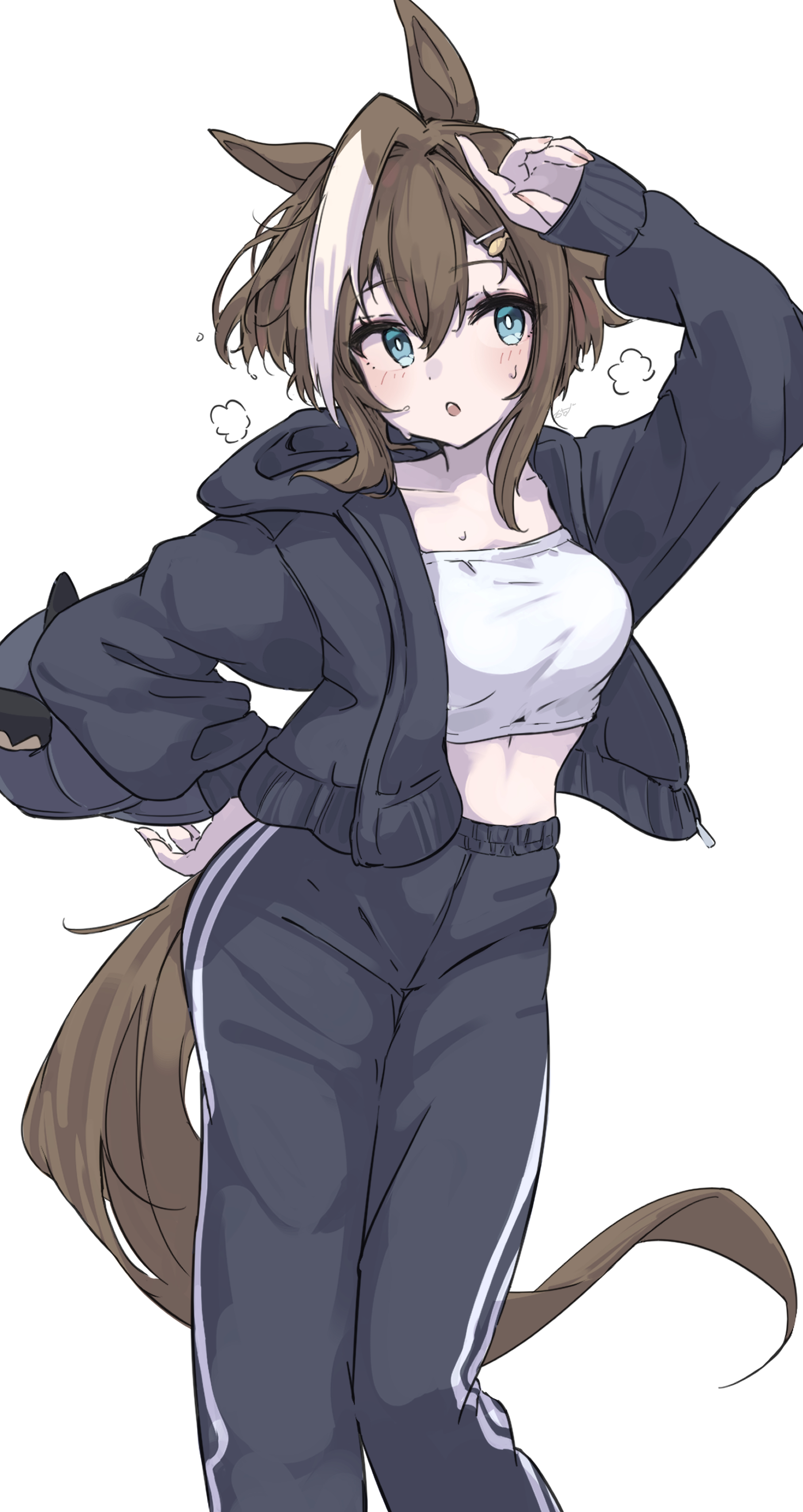 nazmocha, cheval grand (umamusume), umamusume, absurdres, commentary request, highres, 1girl, animal ears, arm up, black jacket, black pants, blue eyes, bright pupils, brown hair, brown tail, crop top, hair intakes, hand on own hip, horse ears, horse girl, horse tail, jacket, multicolored hair, open clothes, open jacket, open mouth, pants, practicing, shirt, simple background, solo, streaked hair, sweat, tail, track pants, white background, white pupils, white shirt, white streaks