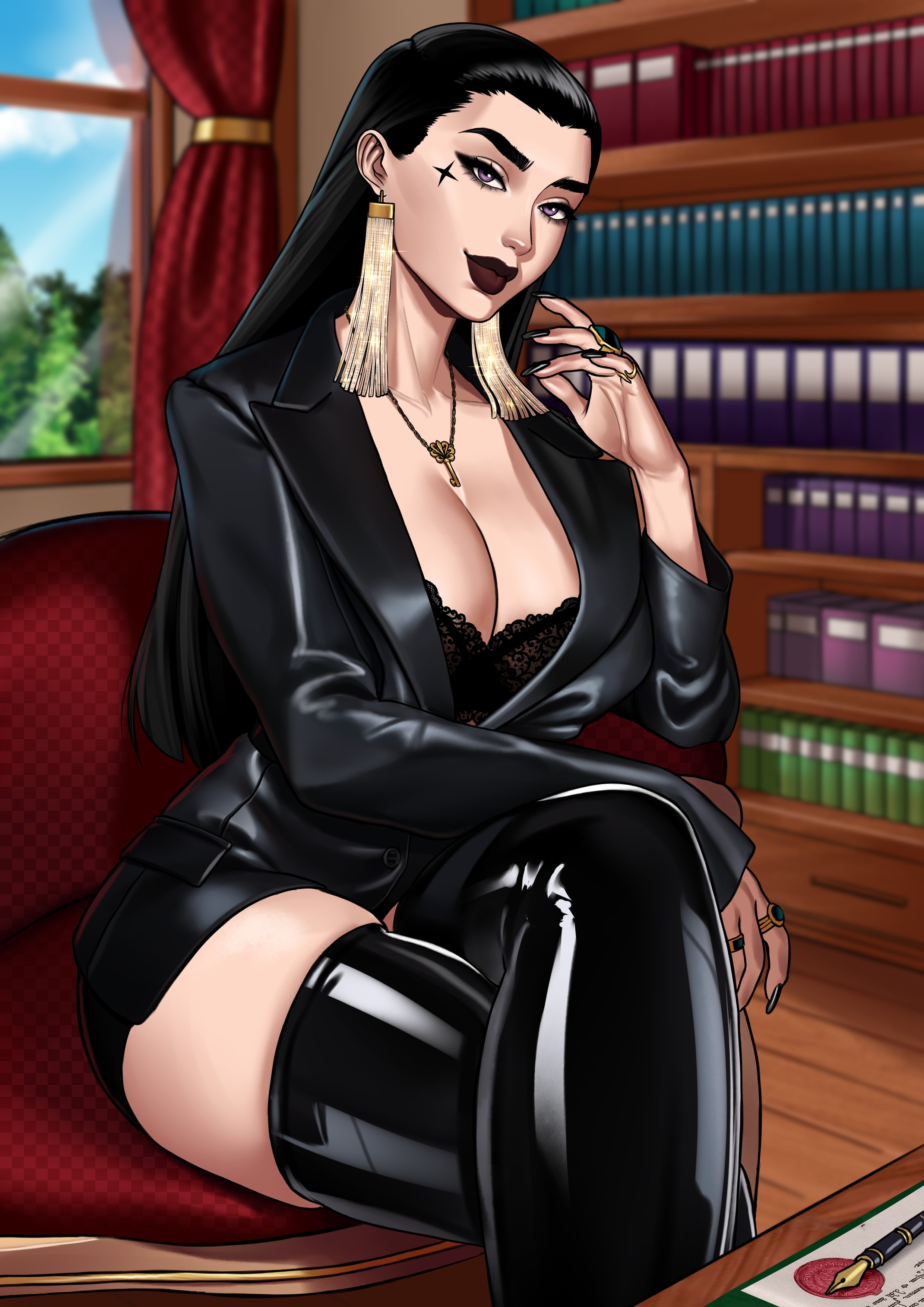 otto cubze, original, absurdres, highres, 1girl, black boots, black hair, black jacket, black nails, bookshelf, boots, breasts, cleavage, earrings, indoors, jacket, jewelry, key, key necklace, lara (otto cubze), large breasts, latex, latex boots, long hair, looking at viewer, necklace, purple eyes, ring, sitting, solo, tassel, tassel earrings, thigh boots