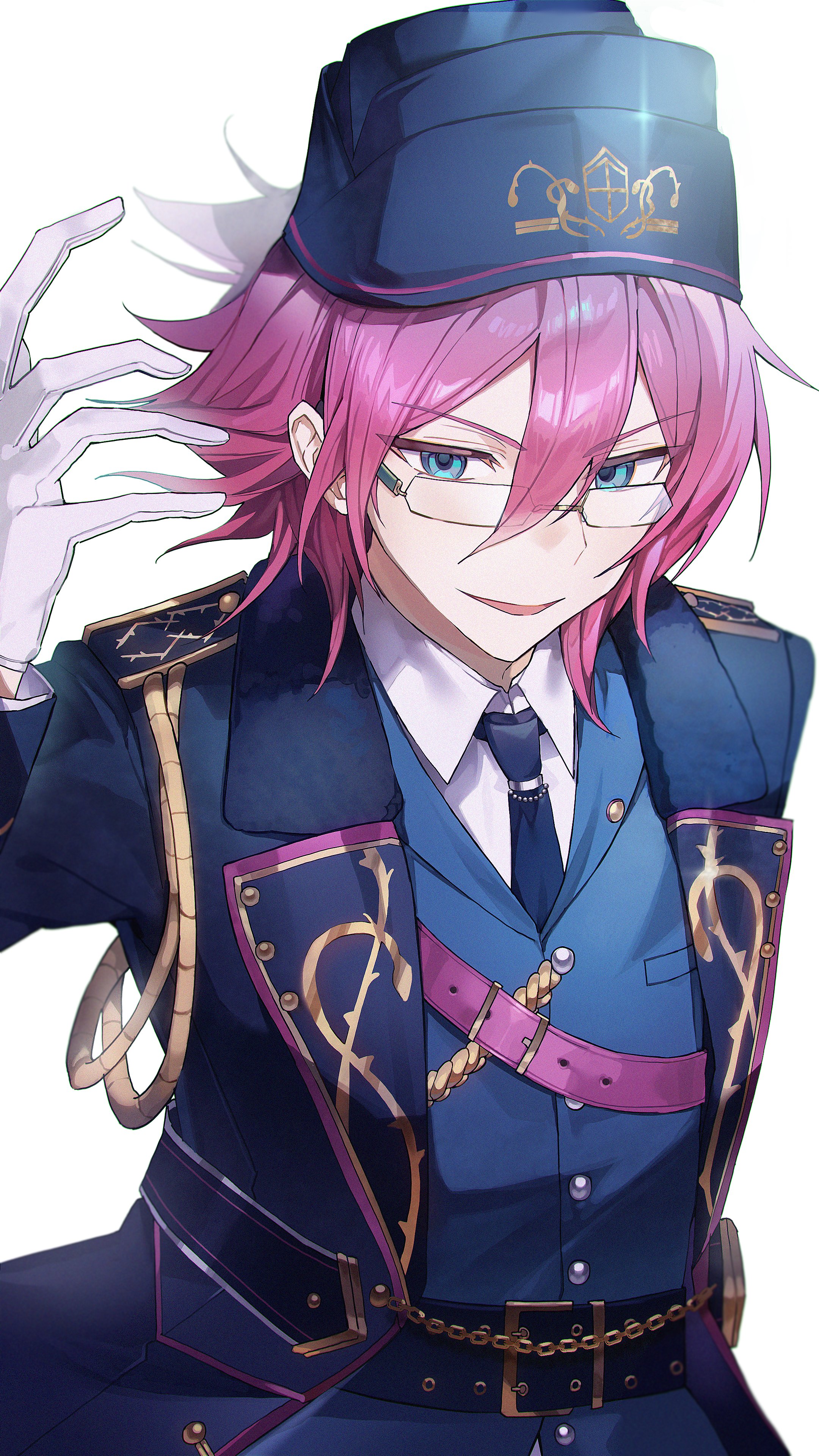 saegusa ibara, ensemble stars!, absurdres, commentary, highres, korean commentary, 1boy, 2×4 2in4, aqua eyes, arm up, belt, black belt, blue hat, blue necktie, blue vest, chest harness, coat, glasses, gloves, hair between eyes, harness, hat, long sleeves, looking to the side, male focus, medium hair, necktie, official alternate costume, open clothes, open coat, open mouth, pink hair, purple belt, simple background, smile, solo, vest, white background, white gloves