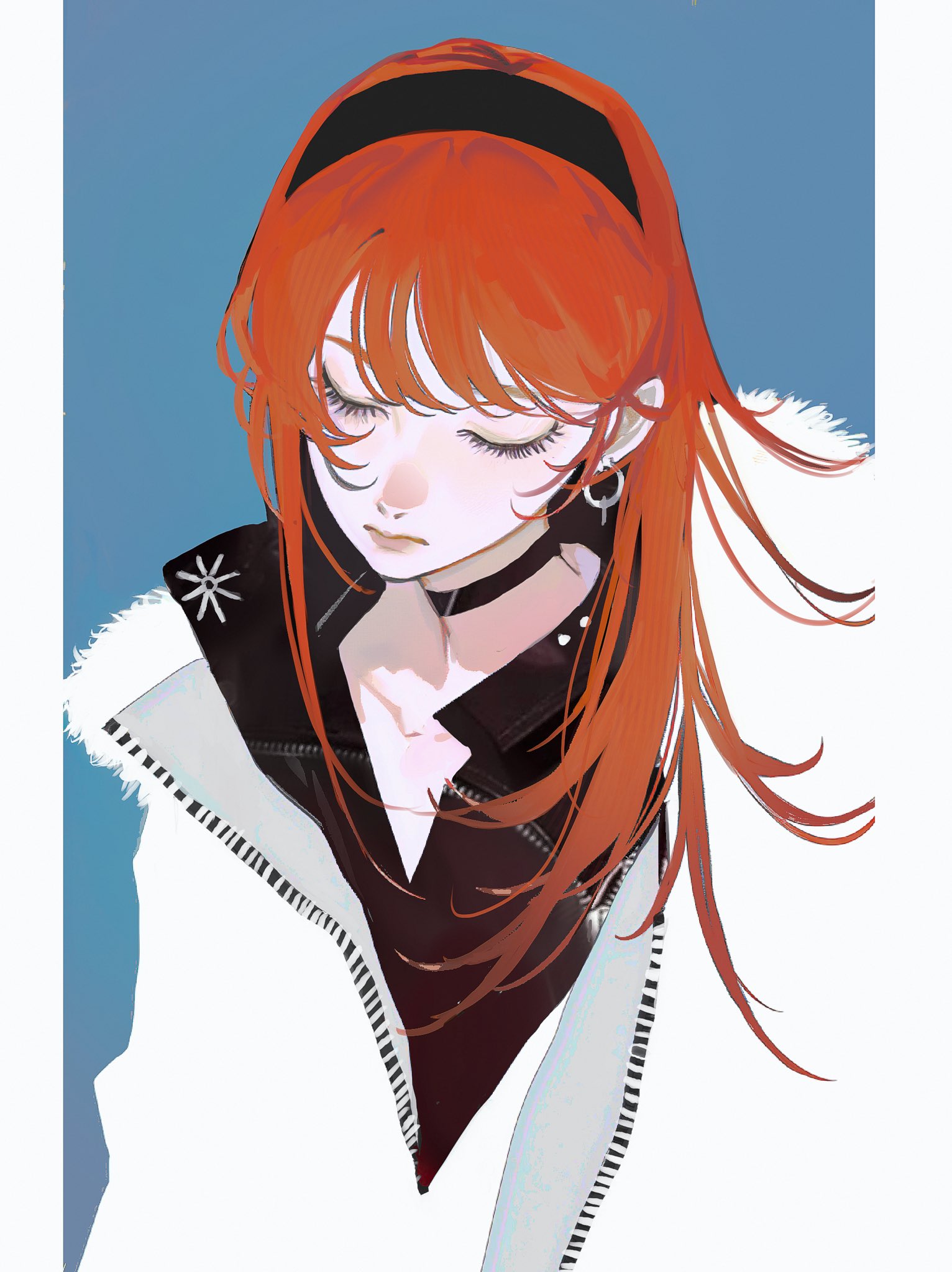 john kafka, original, commentary, english commentary, highres, 1girl, black choker, black hairband, black shirt, blending, choker, closed eyes, closed mouth, eyelashes, hairband, jacket, red hair, shirt, solo, upper body, white jacket, zipper
