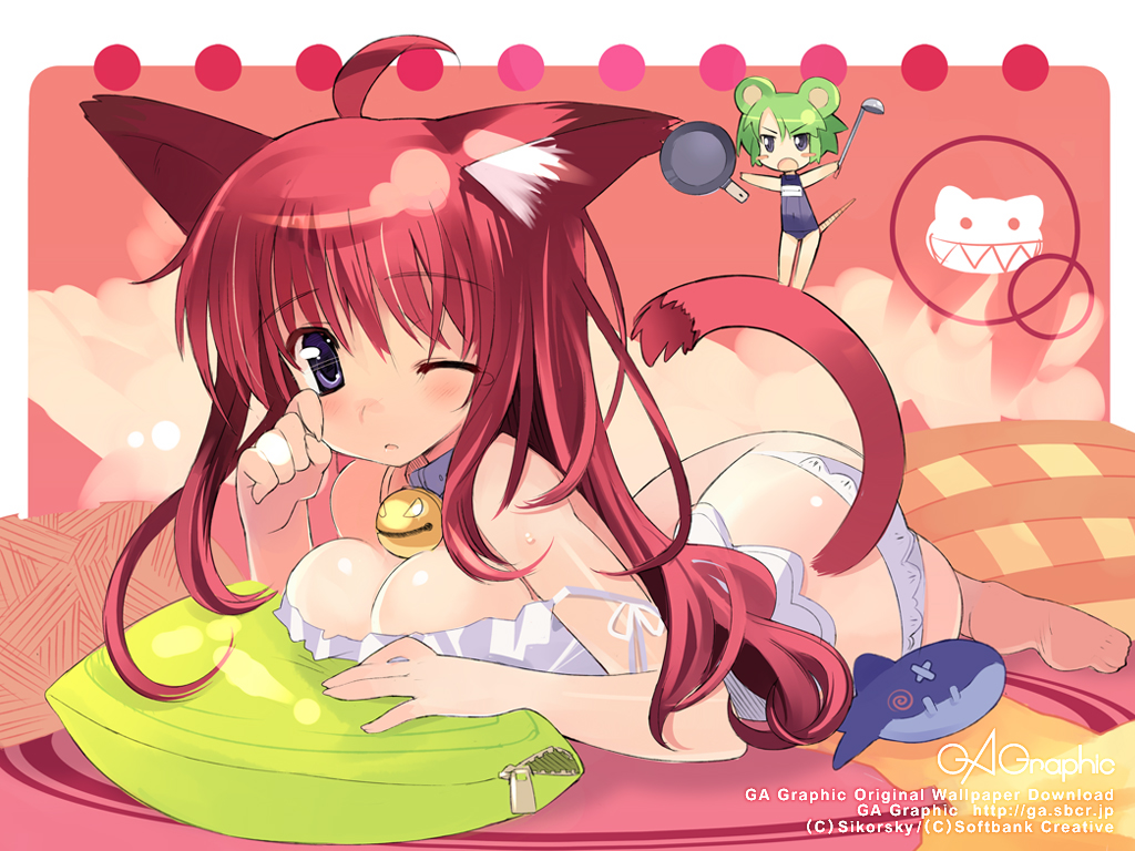 sikorsky, gagraphic, ahoge, animal ears, bell, blue eyes, blush, breast press, breasts, camisole, cat ears, cat tail, cleavage, collar, copyright name, green hair, large breasts, long hair, lying, mini person, minigirl, mouse ears, one eye closed, panties, pillow, pink hair, red hair, short hair, sleepy, strap slip, swimsuit, tail, underwear, watermark, web address