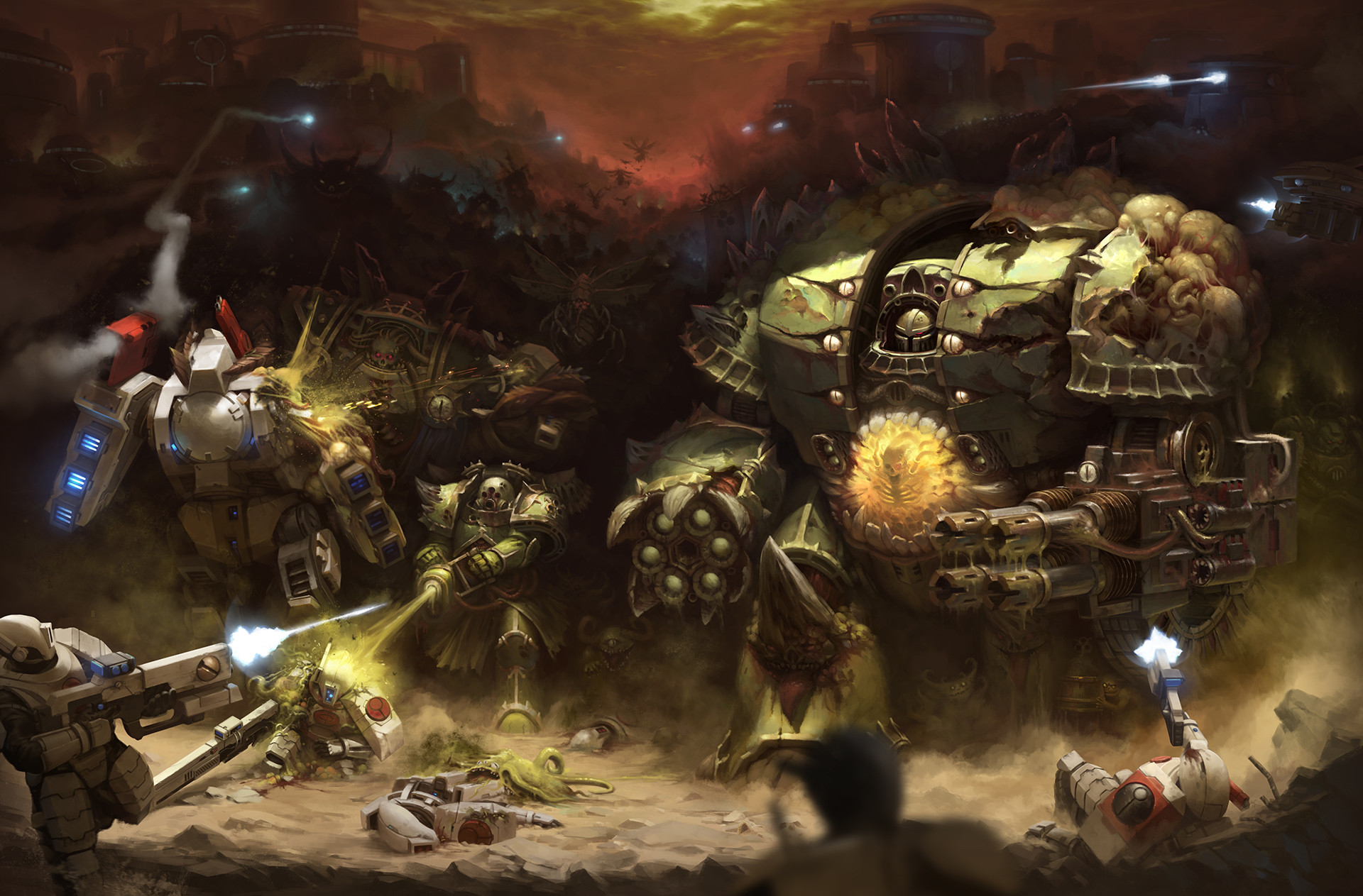 adeptus astartes, chaos space marine, plague marine, t'au, warhammer 40k, commentary, english commentary, highres, 6+boys, alien, ambiguous green liquid, ammunition belt, arch, architecture, armor, armored boots, army, banner, battle, battle standard, beam rifle, blood, blood on helmet, blue light, boots, breastplate, bug, cable, chaos (warhammer), chest mouth, clawed gauntlets, cloud, cloudy sky, combat helmet, corpse, cracked armor, cyborg, dark, death, death guard, decay, demon, demon horns, dreadnought (warhammer 40k), energy beam, energy gun, extra eyes, extra teeth, firing, flesh, fly, full armor, full body, gatling gun, gauntlets, greaves, green armor, green light, green sky, gun, heavy machine gun, helmet, holding, holding weapon, horns, insect, jetstrike, laser rifle, lying, machine gun, male focus, military uniform, monster, multiple boys, mutation, nurgle (symbol), nurgling, on stomach, one-eyed, outdoors, pauldrons, pelvic curtain, plasma rifle, poison, power armor, red light, red sky, rocket launcher, rot fly, sand, science fiction, shoulder armor, shoulder spikes, skeleton, sky, slime (creature), soldier, sparkle, spiked armor, spikes, t'au battlesuit, tentacles, tube, vambraces, war, war banner, weapon, white armor