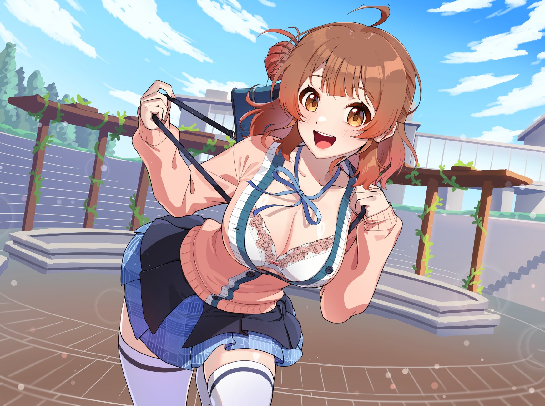 kamille (vcx68), hanami ume, gakuen idolmaster, idolmaster, commentary, highres, 1girl, ahoge, black overskirt, blue ribbon, blue skirt, blush, bra, breasts, brown cardigan, brown hair, cardigan, cleavage, collarbone, gradient hair, hatsuboshi gakuen school uniform, looking at viewer, medium breasts, multicolored hair, neck ribbon, no shirt, orange hair, outdoors, ribbon, school uniform, skirt, smile, solo, thighhighs, underwear, white bra, white thighhighs, zettai ryouiki