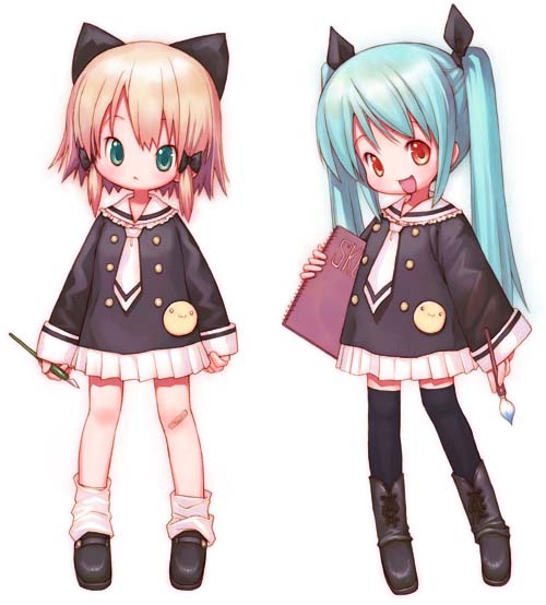 animal ears, cat ears, long hair, school uniform, serafuku, short hair, skirt, thighhighs