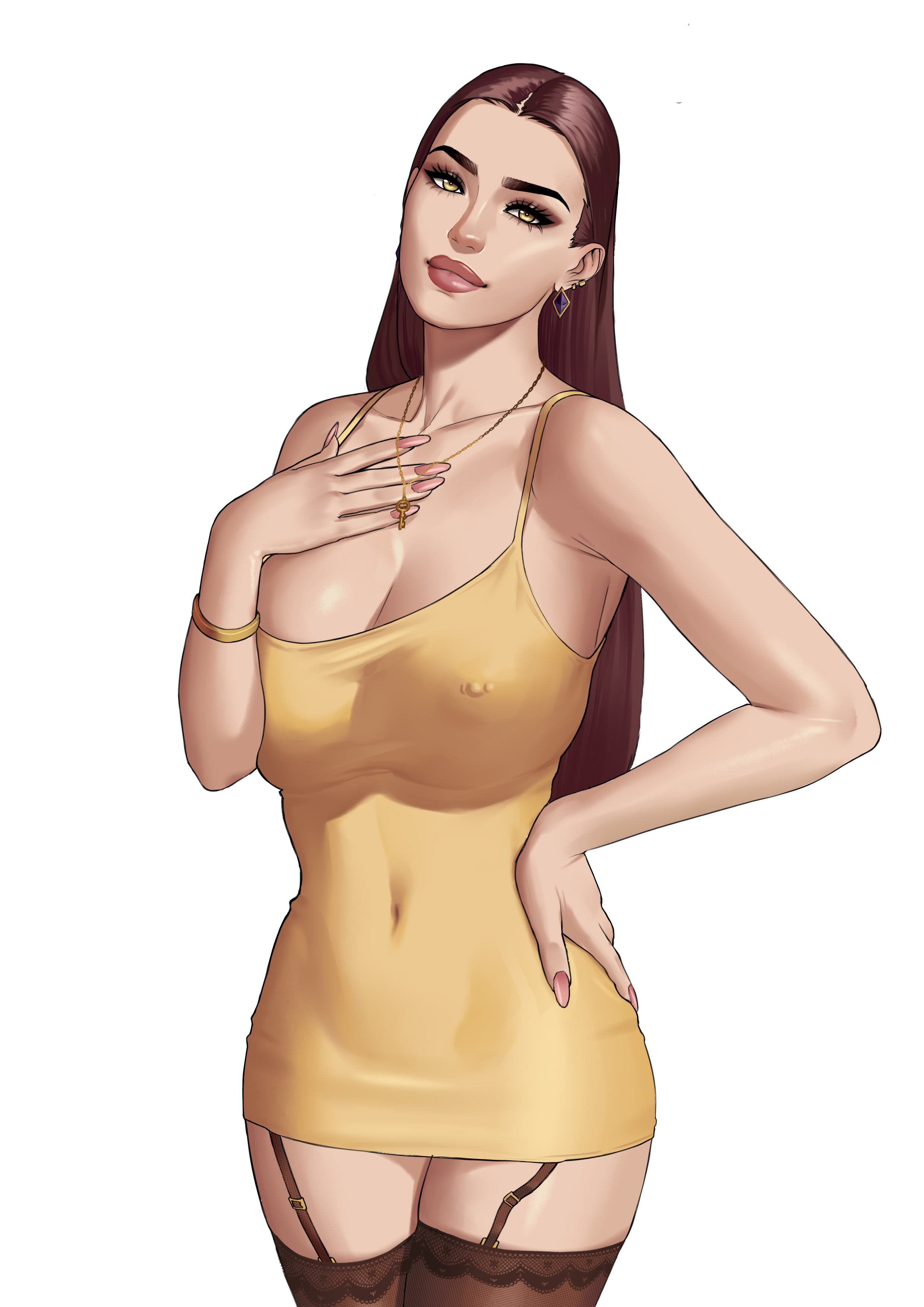 otto cubze, original, absurdres, highres, 1girl, barbell piercing, bracelet, brown garter straps, brown hair, brown thighhighs, citrine (otto cubze), covered erect nipples, covered navel, dress, earrings, hand on own hip, jewelry, long hair, looking at viewer, necklace, piercing, pink nails, see-through clothes, see-through thighhighs, simple background, sleeveless, sleeveless dress, solo, thighhighs, white background, yellow dress, yellow eyes