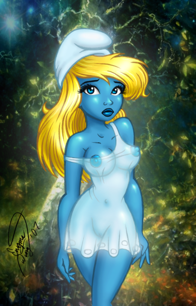 smurf, smurfette, the smurfs, blonde hair, blue eyes, blue skin, breasts, camisole, colored skin, cosplay, long hair, pussy, see-through clothes, uncensored