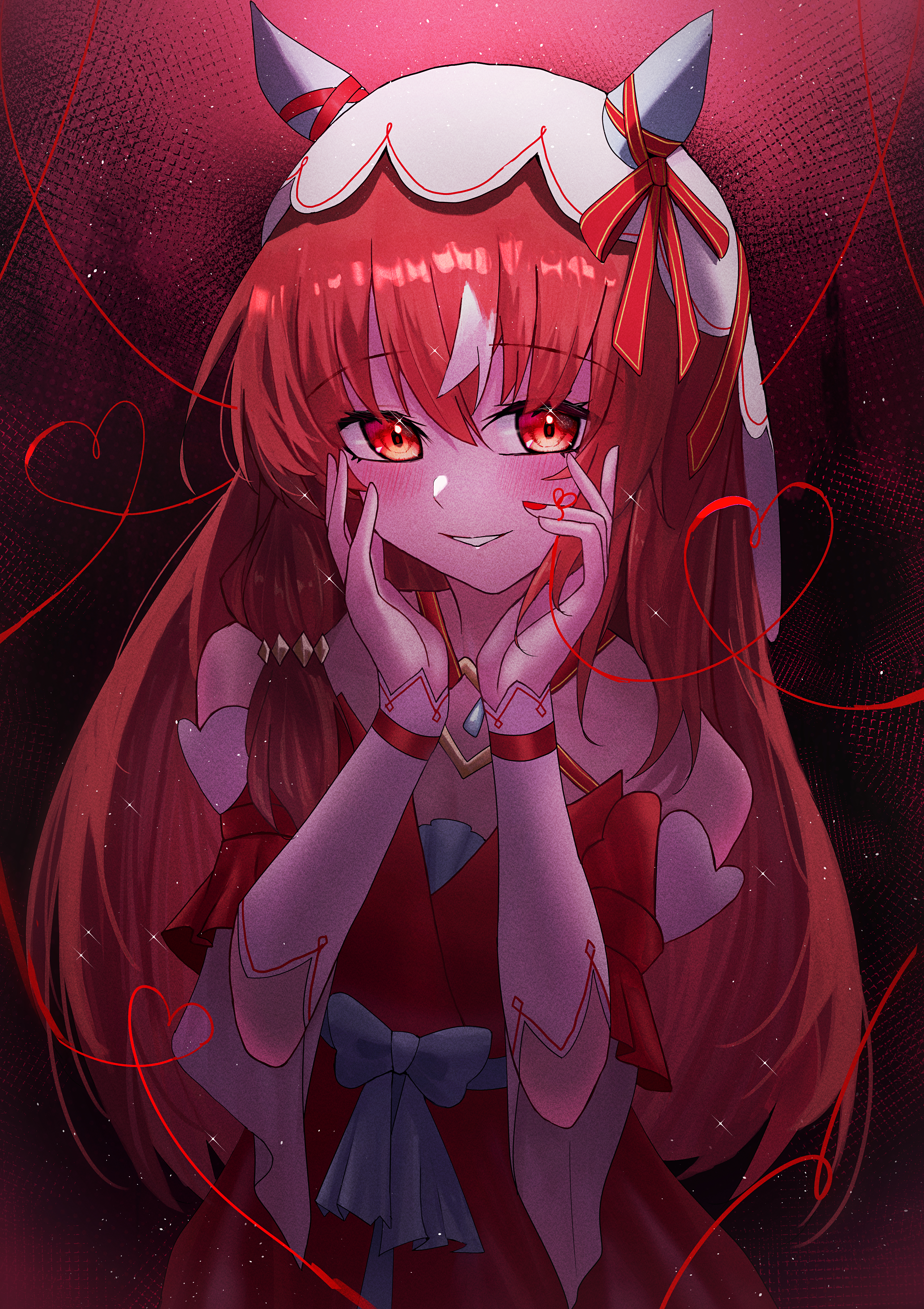 aazz226652, still in love (umamusume), umamusume, absurdres, highres, 1girl, animal ears, bare shoulders, blush, brown hair, detached sleeves, dress, hands on own face, horse ears, horse girl, long hair, looking at viewer, parted lips, red dress, sidelocks, smile, solo, upper body, veil, white veil