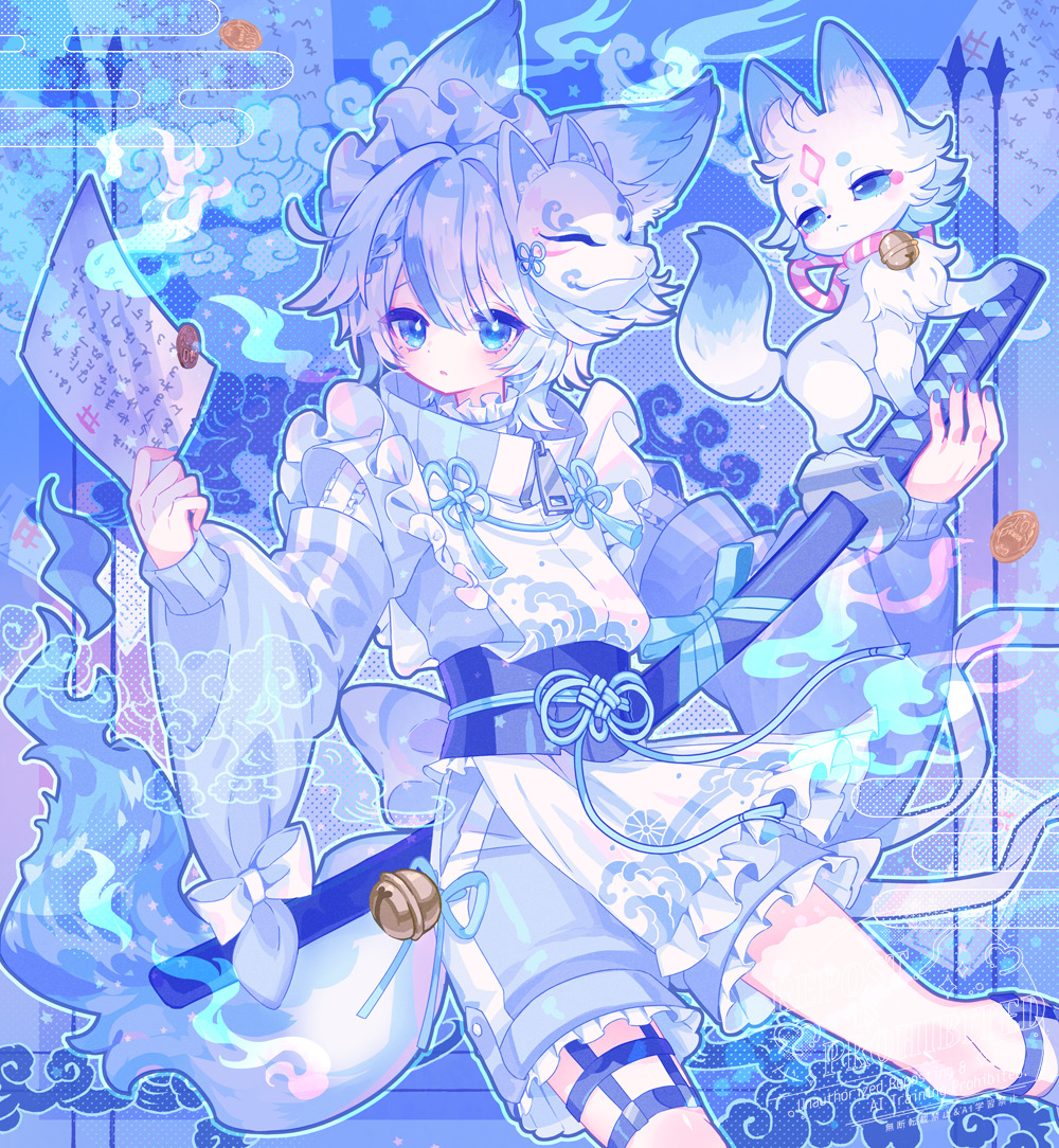 zippo (3756c), original, 1boy, androgynous, animal ears, apron, bell, blue eyes, blue hair, blue theme, fox, fox ears, fox mask, fox tail, holding, japanese clothes, katana, maid, maid headdress, male focus, mask, multicolored hair, paper, short hair, shorts, solo, sword, tail, unconventional maid, weapon, white hair
