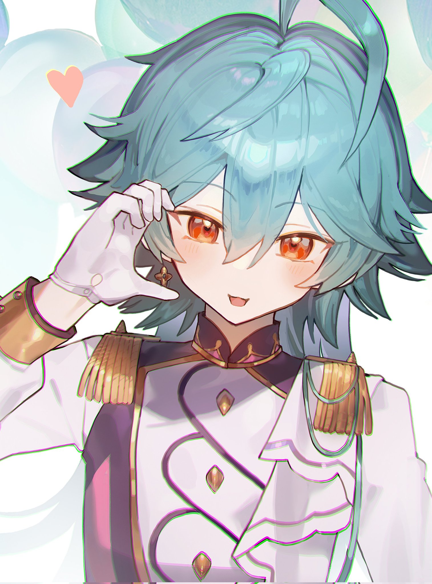 hojo raika, ensemble stars!, commentary, highres, korean commentary, 1boy, 2×4 2in4, ahoge, aqua hair, blush, gloves, hair between eyes, half-heart hands, heart, high collar, huge ahoge, long hair, long sleeves, looking at viewer, male focus, official alternate costume, open mouth, red eyes, smile, solo, upper body, white gloves