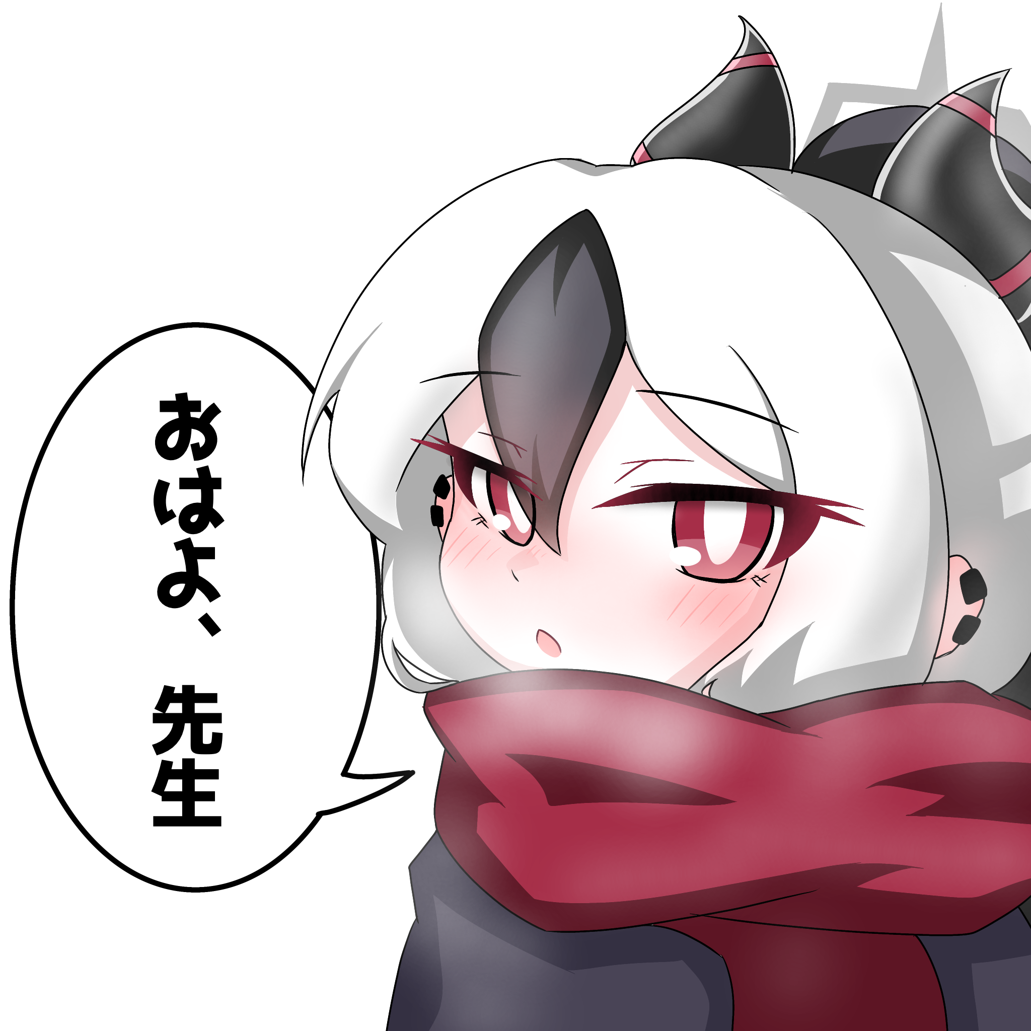 tomimon, kayoko (blue archive), blue archive, commentary request, highres, translation request, 1girl, black hair, black jacket, blush, breath, ear piercing, hair between eyes, halo, horns, jacket, looking at viewer, multicolored hair, parted lips, piercing, ponytail, red eyes, red scarf, scarf, simple background, solo, two-tone hair, upper body, white background, white hair