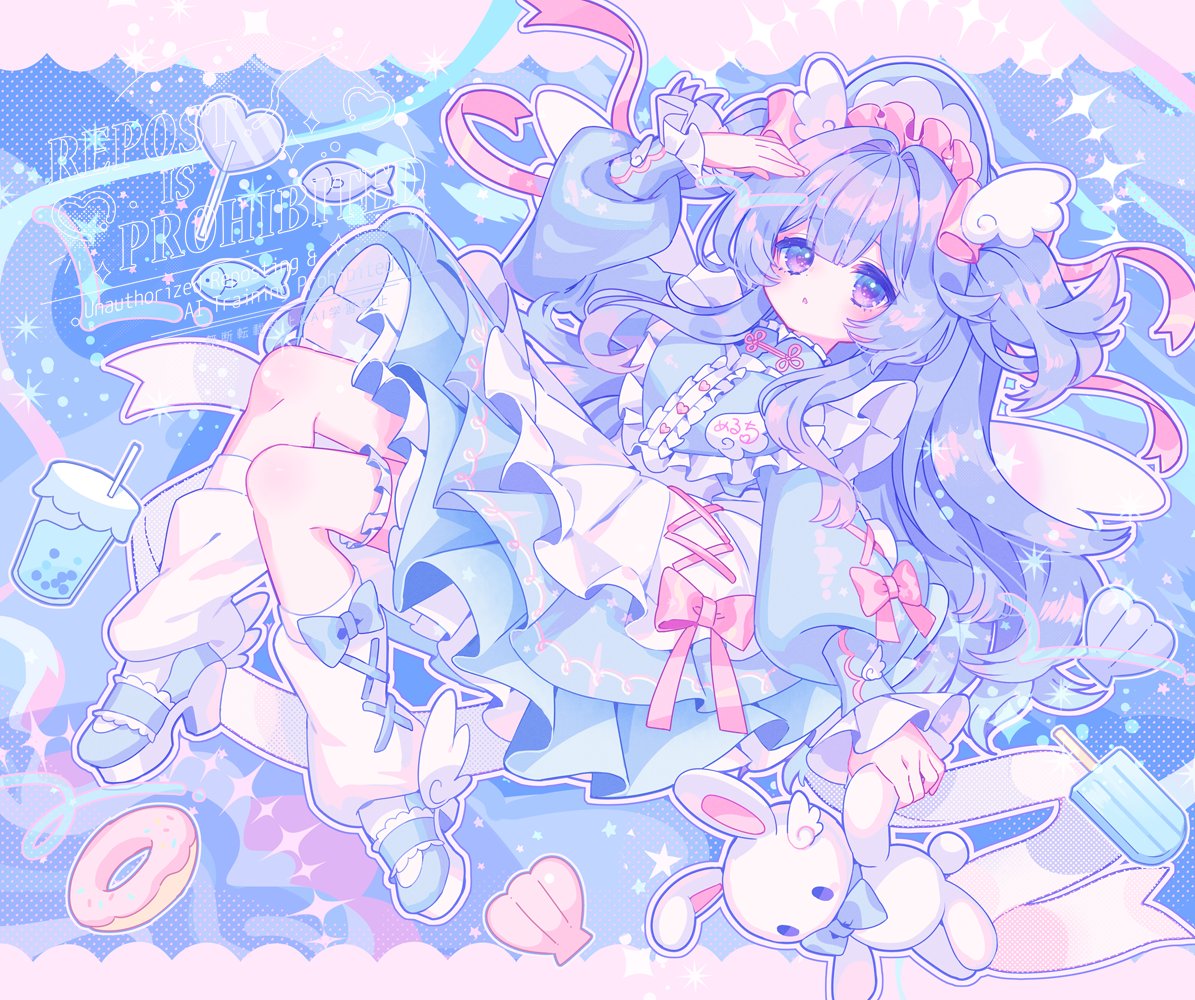 zippo (3756c), original, 1girl, blue dress, blue hair, bonnet, bow, candy, donut, dress, food, frilled dress, frills, hair ornament, holding, holding stuffed toy, lolita fashion, lollipop, long hair, long sleeves, looking at viewer, loose socks, pastel colors, pink bow, purple eyes, socks, solo, stuffed animal, stuffed rabbit, stuffed toy, two side up, white socks, wing hair ornament, wings