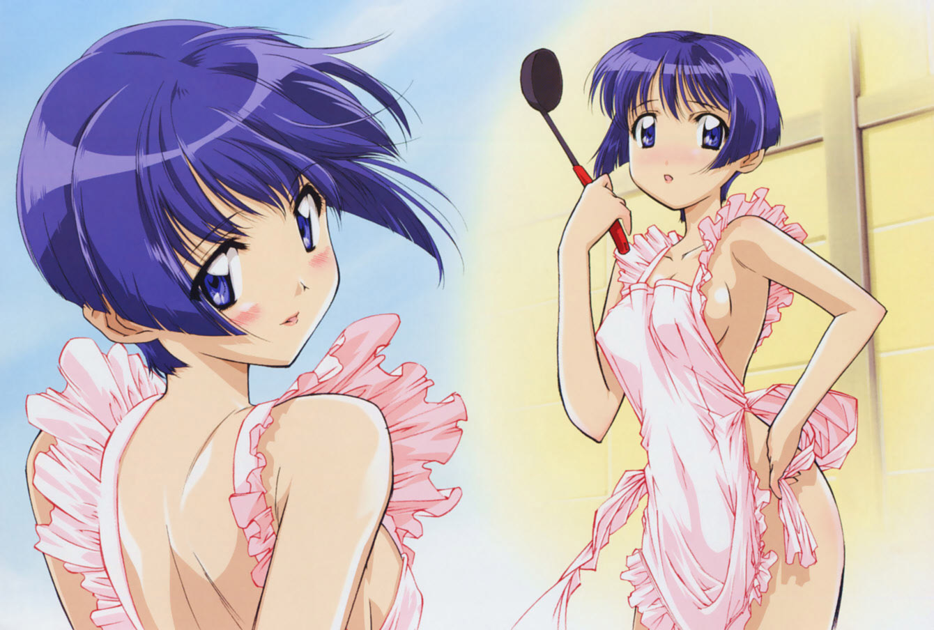 sakuraba aoi, apron, blush, nude, short hair