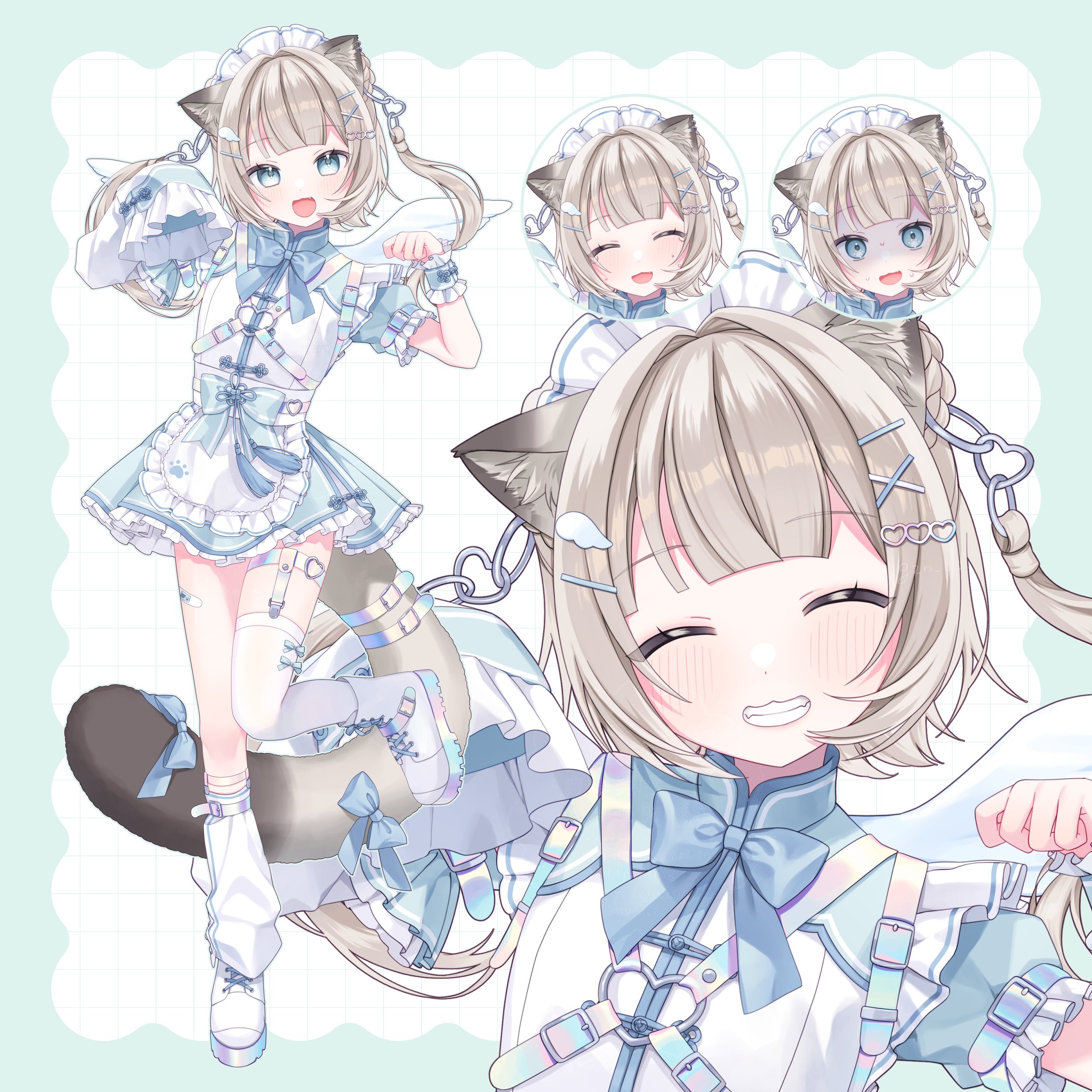 munuko, indie virtual youtuber, absurdres, highres, 1girl, animal ears, apron, blue dress, blue eyes, blush, brown hair, cat ears, cat girl, cat tail, closed eyes, dress, grin, hair ornament, long hair, maid, maid headdress, multiple views, paw pose, single sleeve, single thighhigh, sleeves past fingers, sleeves past wrists, smile, socks, tail, thighhighs, twintails, virtual youtuber, white apron, white thighhighs, wing hair ornament, wings