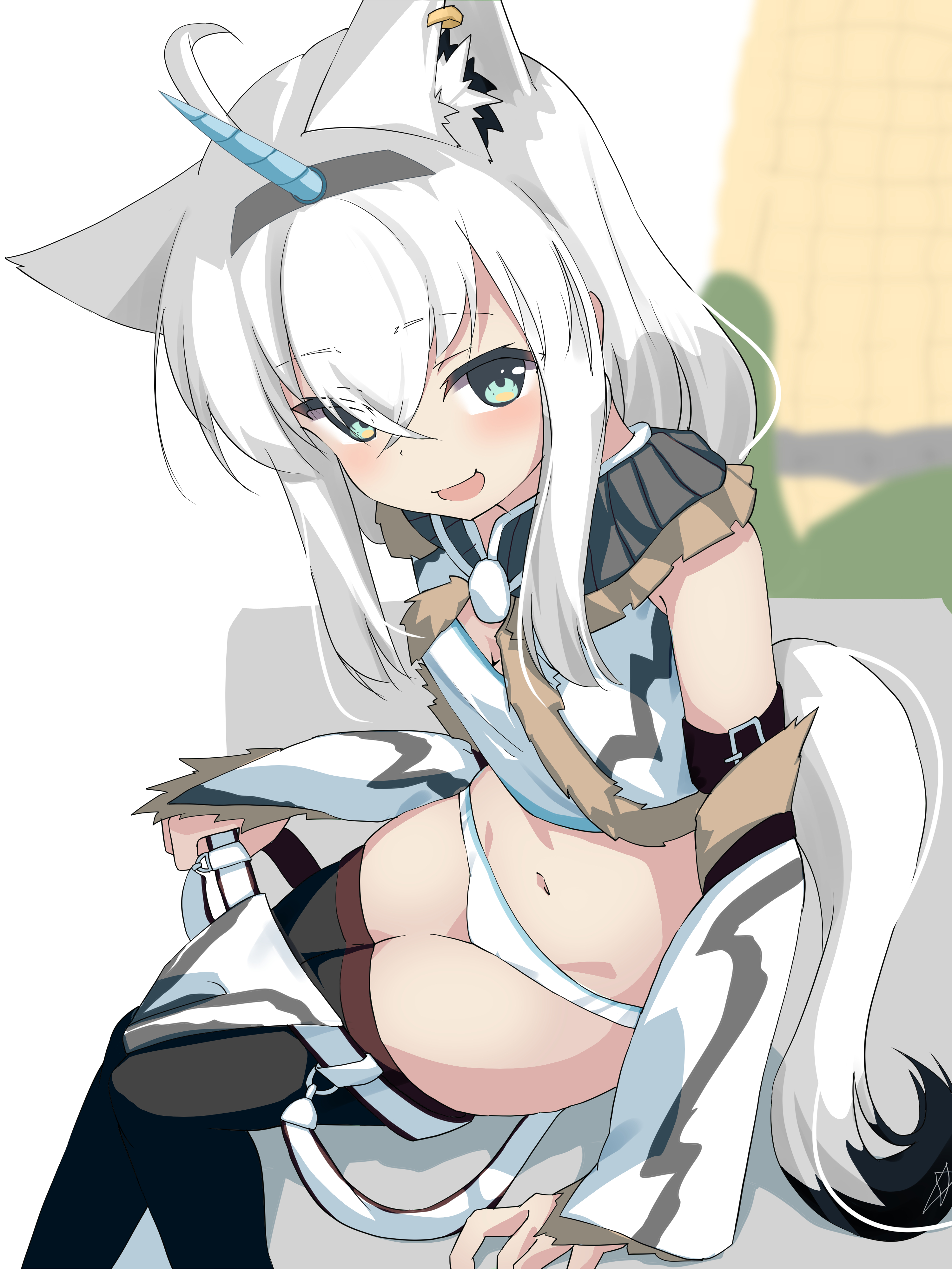shirayuki (snow link), shirakami fubuki, hololive, absurdres, highres, 1girl, ahoge, animal ear fluff, animal ears, fox ears, fox girl, fox tail, horns, kirin (armor), long hair, panties, single horn, solo, tail, thighhighs, underwear, white hair