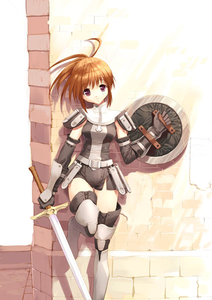 ueda ryou, final fantasy, final fantasy xi, 00s, 1girl, against wall, armor, blush, boots, cover, cover page, female focus, female knight, gloves, head tilt, hume, knight, long hair, orange hair, purple eyes, shield, short hair, shorts, solo, standing, standing on one leg, sword, thigh boots, thighhighs, weapon