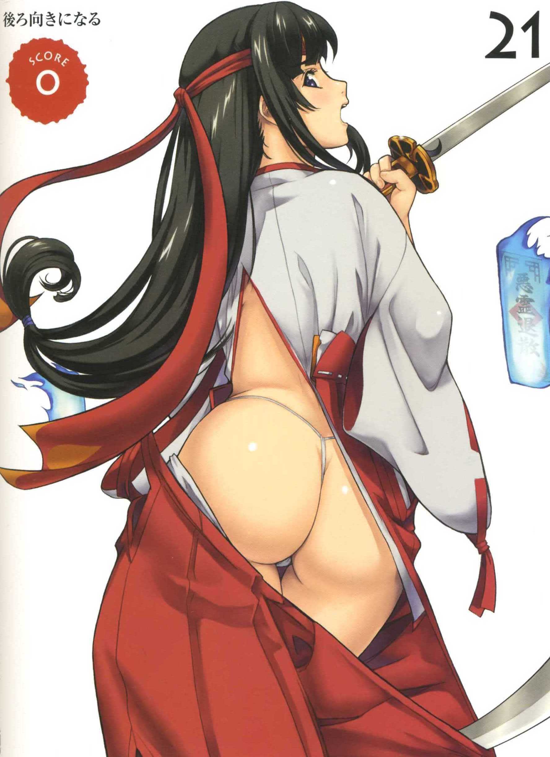 eiwa, tomoe (queen's blade), queen's blade, absurdres, highres, 00s, 1girl, ass, blush, female focus, from behind, japanese clothes, kimono, long hair, looking at viewer, looking back, open mouth, panties, solo, underwear