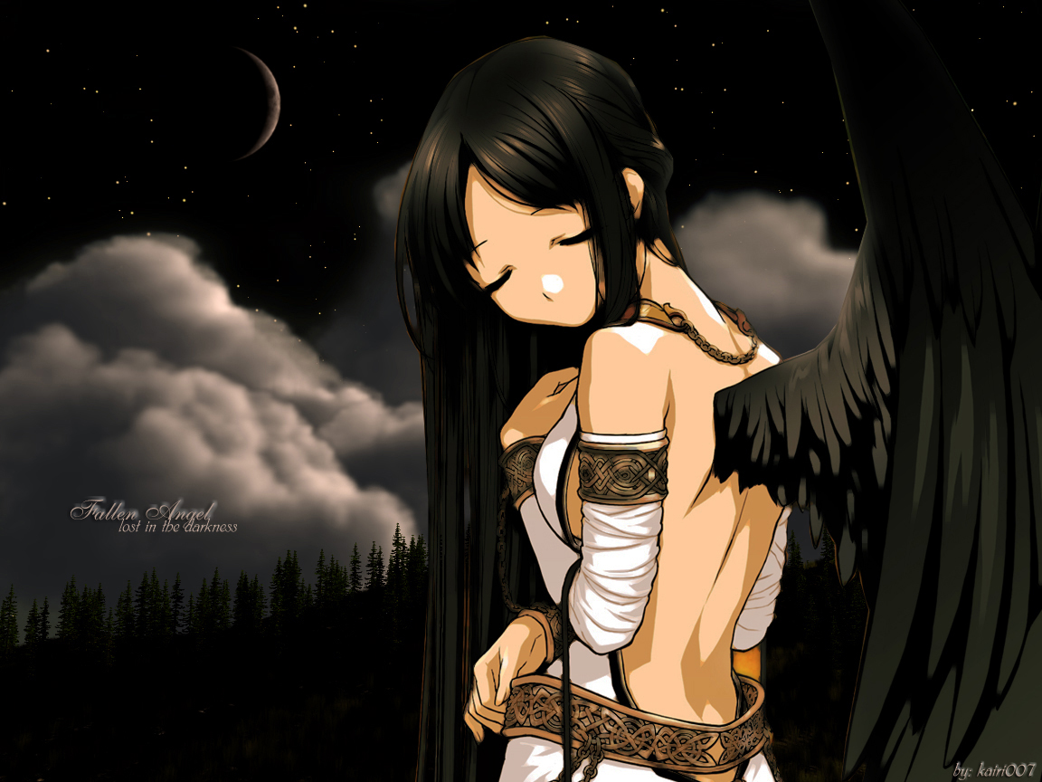 morrighan, mabinogi, 1girl, black hair, black wings, closed eyes, cloud, crescent moon, detached sleeves, female focus, from behind, long hair, looking down, moon, night, sky, solo, star (sky), star (symbol), starry sky, very long hair, wings