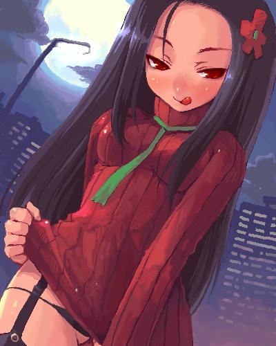 lowres, blush, lingerie, long hair, panties, thighhighs, underwear