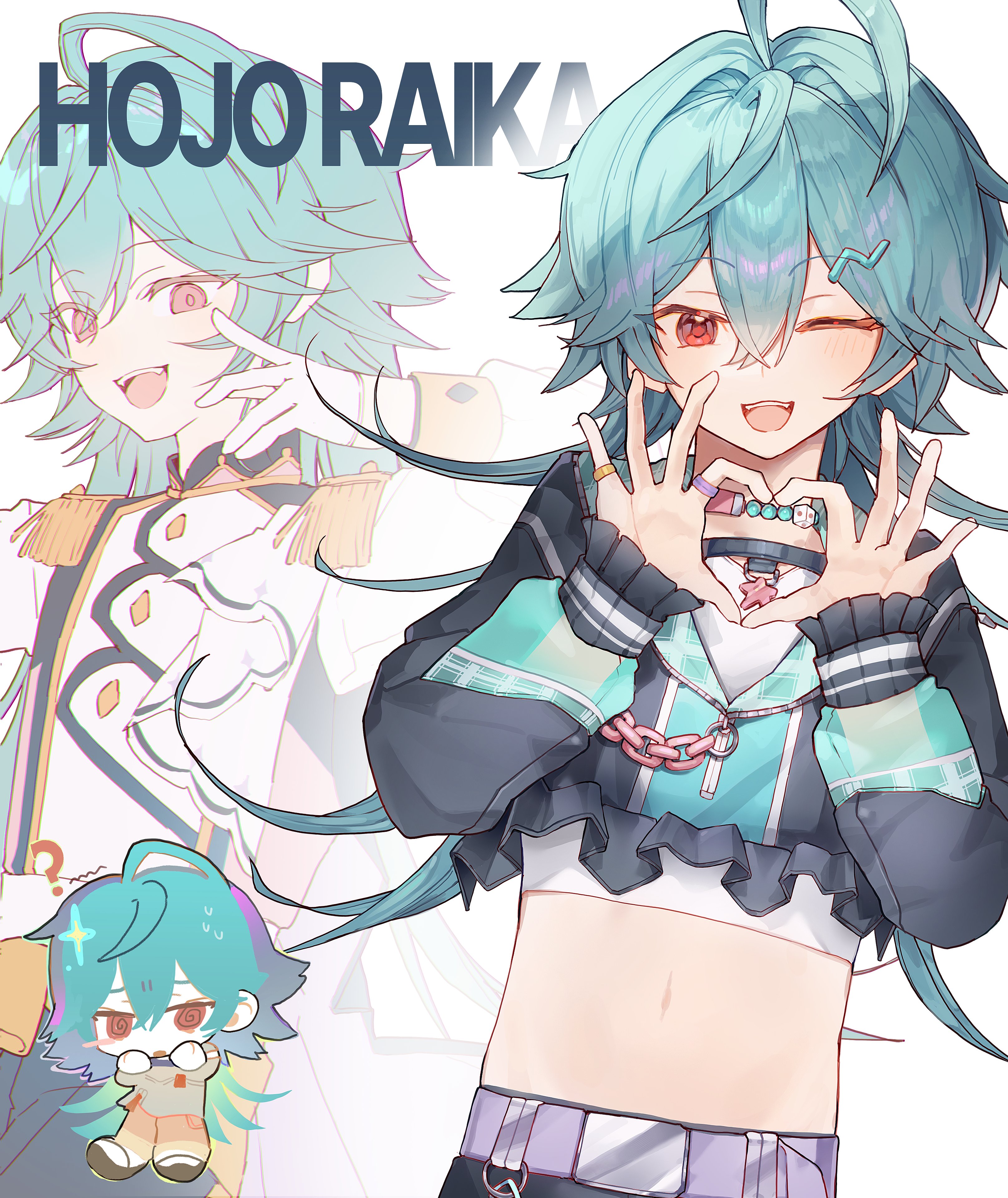 hojo raika, ensemble stars!, absurdres, hashtag-only commentary, highres, 1boy, 2×4 2in4, ahoge, aqua hair, character name, chibi, chibi inset, cowboy shot, crop top, cropped jacket, hair between eyes, hair ornament, hairclip, huge ahoge, long hair, long sleeves, male focus, multiple views, one eye closed, open mouth, red eyes, smile