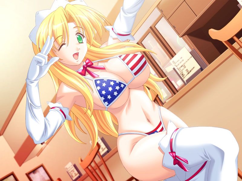 shimizu naotaka, dorothy marleen, harem&harem, white legwear, game cg, america, american flag bikini, american flag swimsuit, bikini, blonde hair, blush, breasts, cleavage, elbow gloves, flag print, gloves, green eyes, happy, huge breasts, large breasts, long hair, maid, solo, swimsuit, thighhighs, underboob, waitress, wink