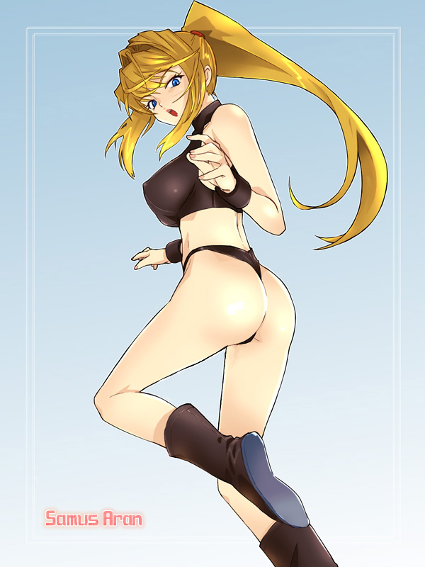 michael f91, samus aran, metroid, nintendo, super metroid, 1girl, ass, back, black panties, blonde hair, blue eyes, breasts, character name, female focus, long hair, looking back, midriff, panties, ponytail, solo, underwear