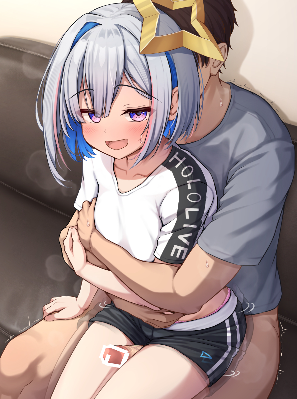 non non moral, amane kanata, hololive, commentary request, highres, paid reward available, textless version, variant set, 1boy, 1girl, bar censor, blue hair, censored, colored inner hair, grey hair, halo, hetero, hug, hug from behind, multicolored hair, penis, purple eyes, shirt, short hair, shorts, star halo, thigh sex