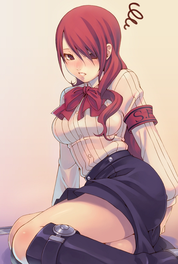 tasaka shinnosuke, kirijou mitsuru, atlus, persona, persona 3, armband, blush, boots, breasts, hair over one eye, long hair, red eyes, red hair, school uniform, serafuku, skirt