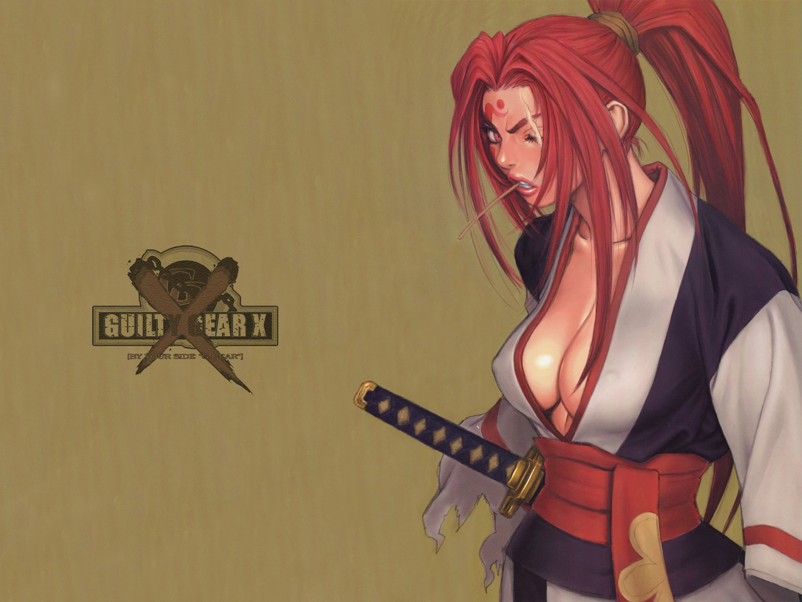 baiken, arc system works, guilty gear, highres, breasts, japanese clothes, kimono, long hair, sword, weapon