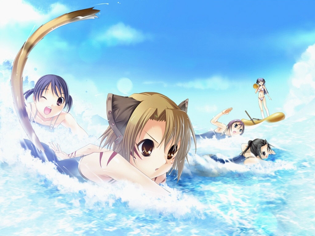 animal ears, bikini, cat ears, cat tail, short hair, swimsuit, tail, water, wet