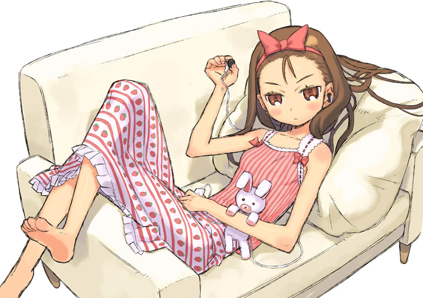 kuroboshi kouhaku, minase iori, idolmaster, idolmaster (classic), idolmaster 1, 00s, 1girl, barefoot, blush, brown hair, couch, digital media player, dress, earbuds, earphones, feet, female focus, ipod, long hair, ribbon, sketch, soles, solo, toes