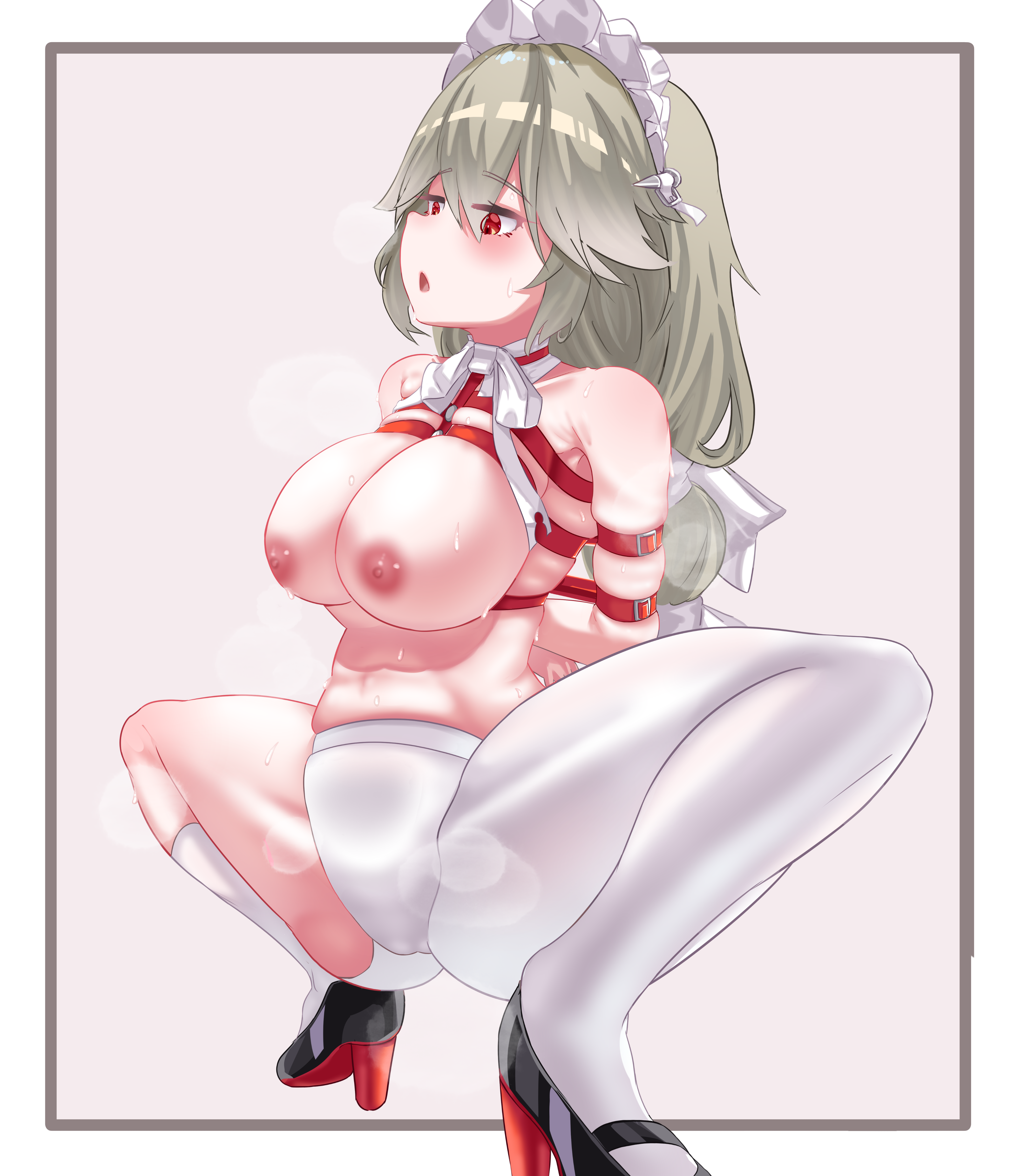 alexandrina sebastiane, zenless zone zero, absurdres, highres, 1girl, arms behind back, ass, bdsm, bondage, bound, breasts, cameltoe, grey hair, high heels, jaaaaambunsfw, large breasts, maid, maid headdress, nipples, pantyhose, partially undressed, red eyes, ribbon, squatting, steaming body, stomach, sweat, thick thighs, thighs