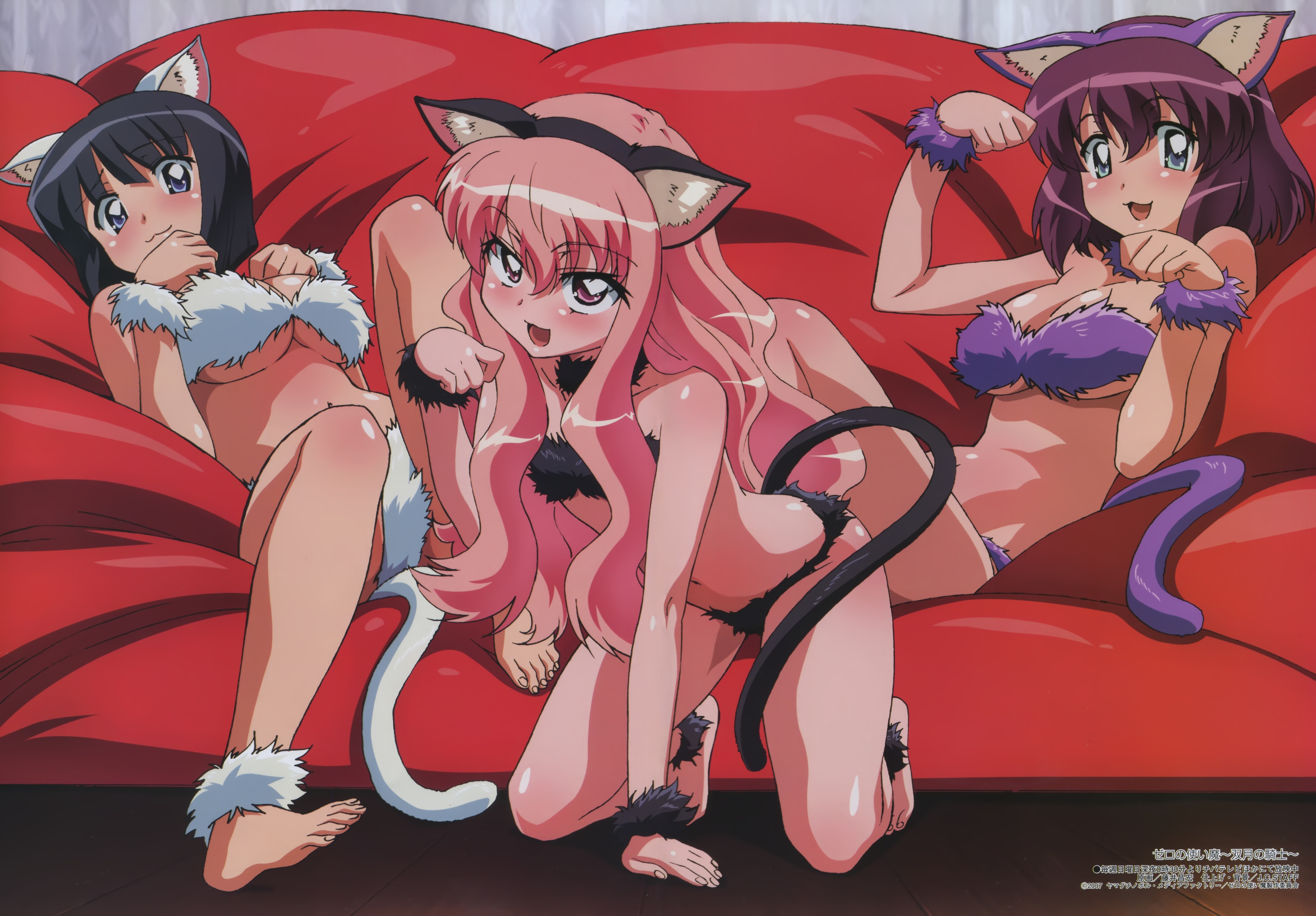 fujii masahiro, henrietta de tristain, louise francoise le blanc de la valliere, siesta (zero no tsukaima), megami magazine, zero no tsukaima, absurdres, highres, official art, scan, 00s, 3girls, :3, animal ears, barefoot, blush, bra, breasts, cat ears, cat tail, feet, full body, large breasts, lingerie, long hair, midriff, multiple girls, panties, paw pose, pink eyes, pink hair, short hair, small breasts, tail, toes, underboob, underwear, underwear only