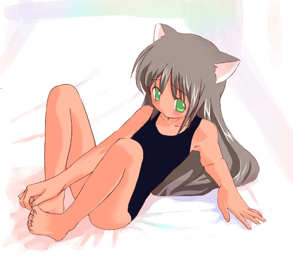 houmitsu, source request, animal ears, barefoot, cat ears, feet, green eyes, hands on feet, long hair, one-piece swimsuit, school swimsuit, swimsuit, toes