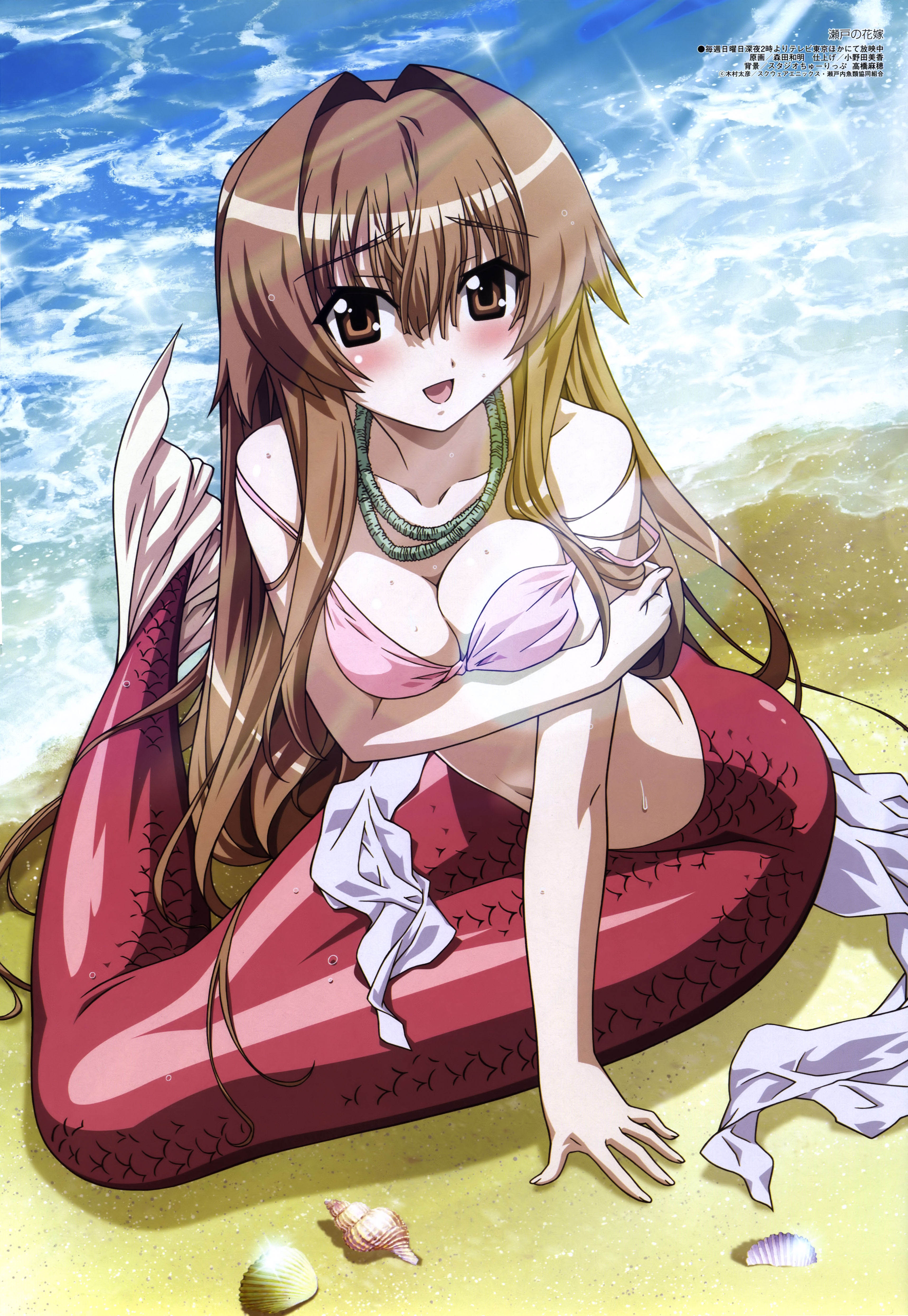 absurdres, highres, 1girl, beach, bikini, blush, breasts, female focus, full body, long hair, mermaid, monster girl, ocean, sitting, solo, swimsuit, water