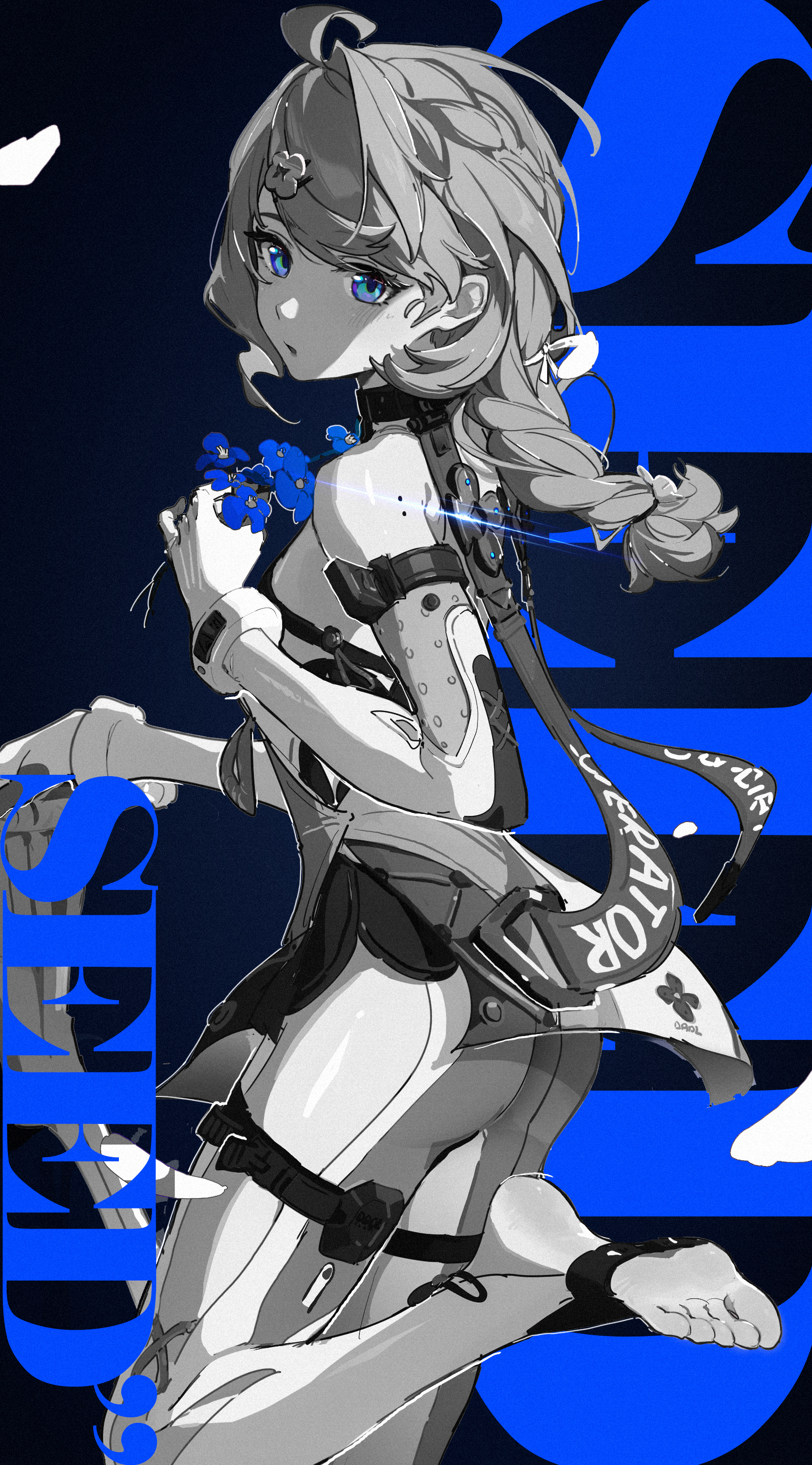 rosem lin, seed (zenless zone zero), zenless zone zero, absurdres, highres, 1girl, ass, bare shoulders, blue background, bodysuit, braid, braided ponytail, breasts, character name, dress, flower, gloves, greyscale with colored background, head out of frame, holding, holding flower, long hair, monochrome, parted lips, small breasts, solo, spot color