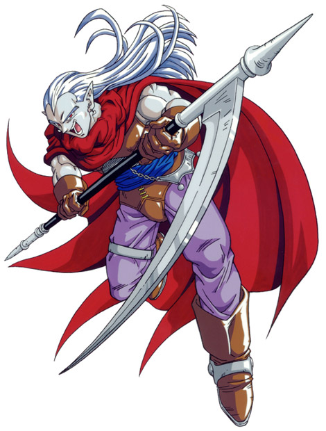 toriyama akira, magus (chrono trigger), chrono trigger, non-web source, official art, traditional media, armor, boots, brown boots, cape, earrings, evil smile, gloves, holding, holding scythe, jewelry, leather, leather armor, leather gloves, muscular, muscular male, pale skin, pants, purple pants, red cape, red eyes, scythe, smile