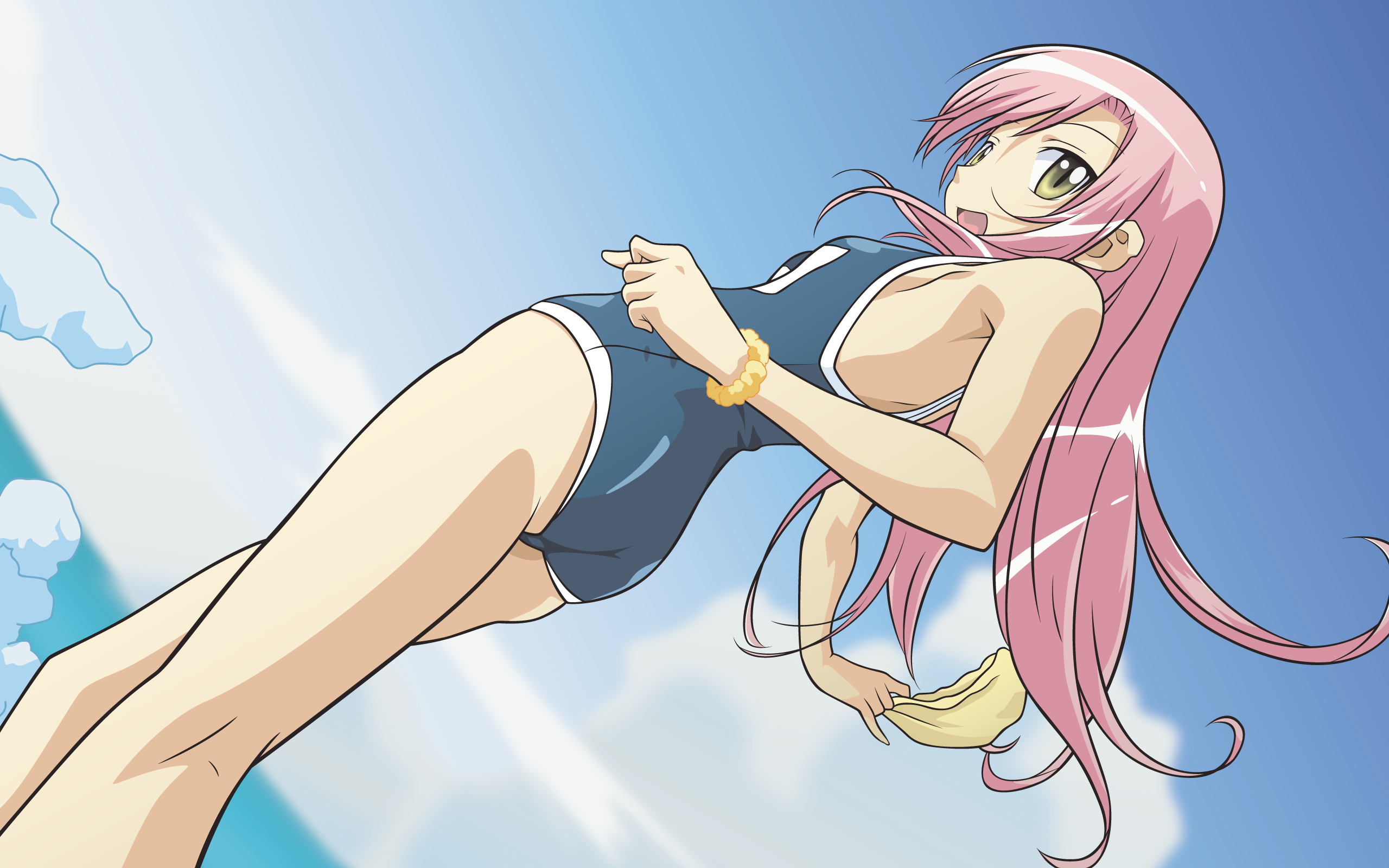 katsura hinagiku, hayate no gotoku!, derivative work, highres, vector trace, 00s, 1girl, :d, ass, bikini, bracelet, cloud, day, dutch angle, female focus, flat chest, from behind, jewelry, kneepits, legs, long hair, long legs, looking back, one-piece swimsuit, open mouth, outdoors, pink hair, school swimsuit, sky, smile, solo, standing, swim cap, swimsuit, water, yellow eyes